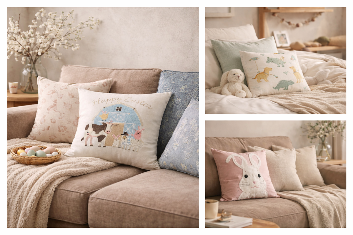 collection of easter, kids and nature cushions all on sofas