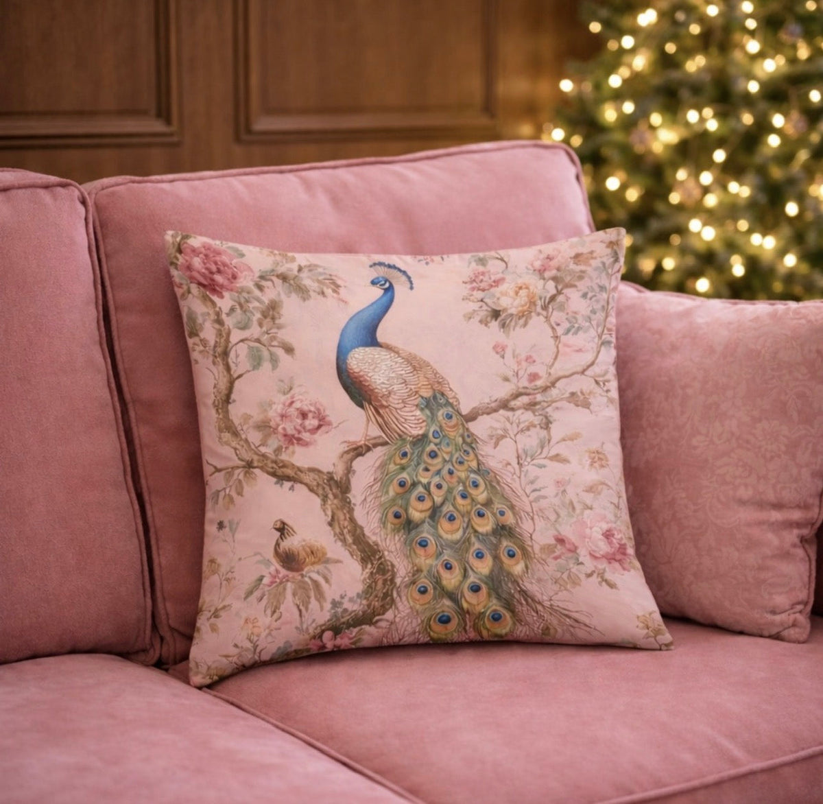 pink peacock on a pink sofa with wooden panelling in the back and a xmas tree