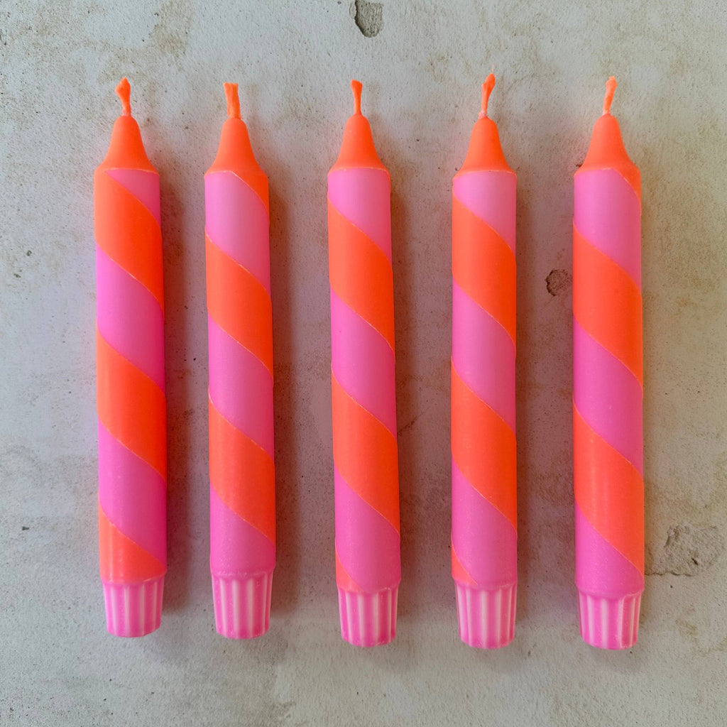 Neon Orange & Pink Spiral Twist Hand Dipped Dinner Candles 