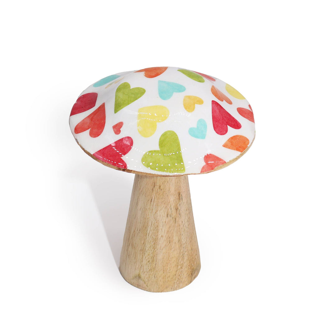 Wooden Mushroom White with Pastel Hearts - 10cm