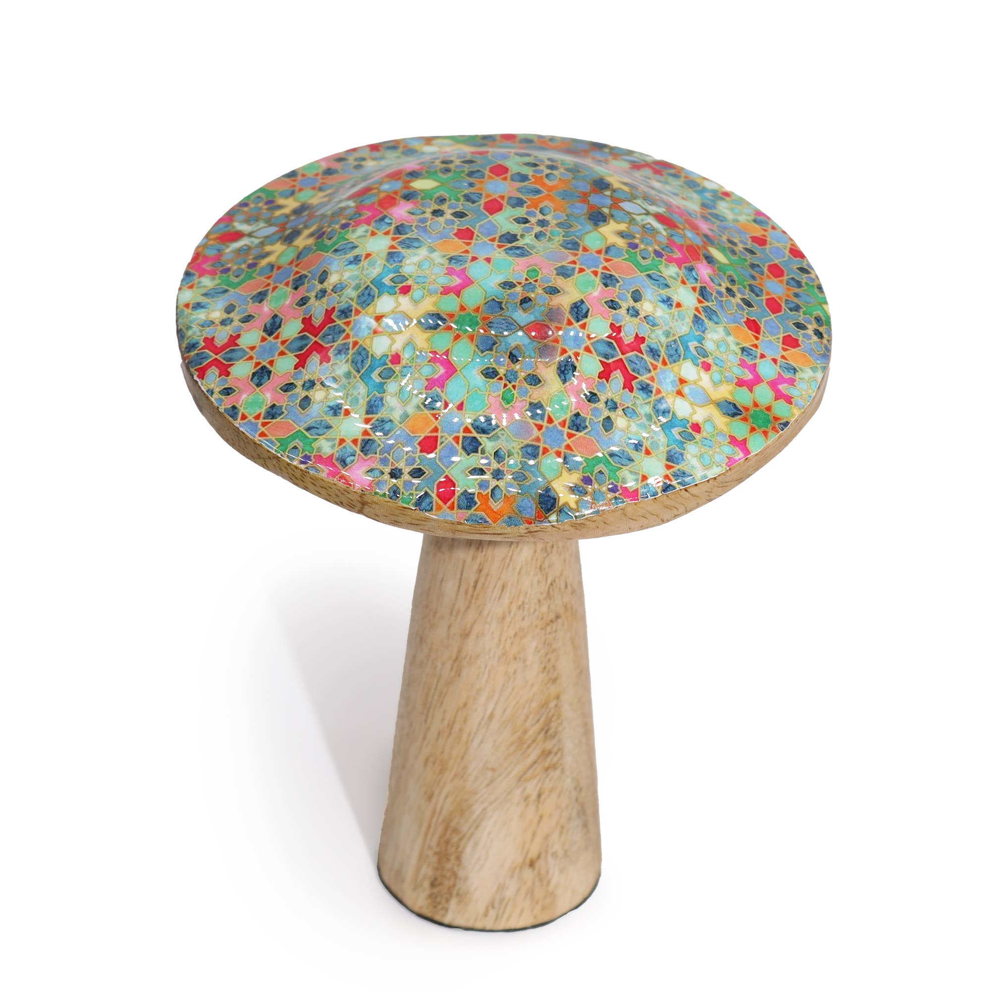 Small round wooden mushroom with a multicolored mosaic top and wooden base on a white background
