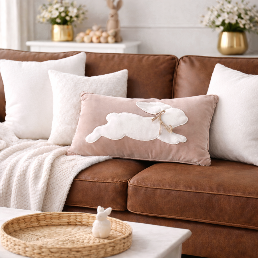 Easter Bunny Cushion Cover - Beige Soft Velvet-Style Applique Lumbar Pillow 30x50cm
