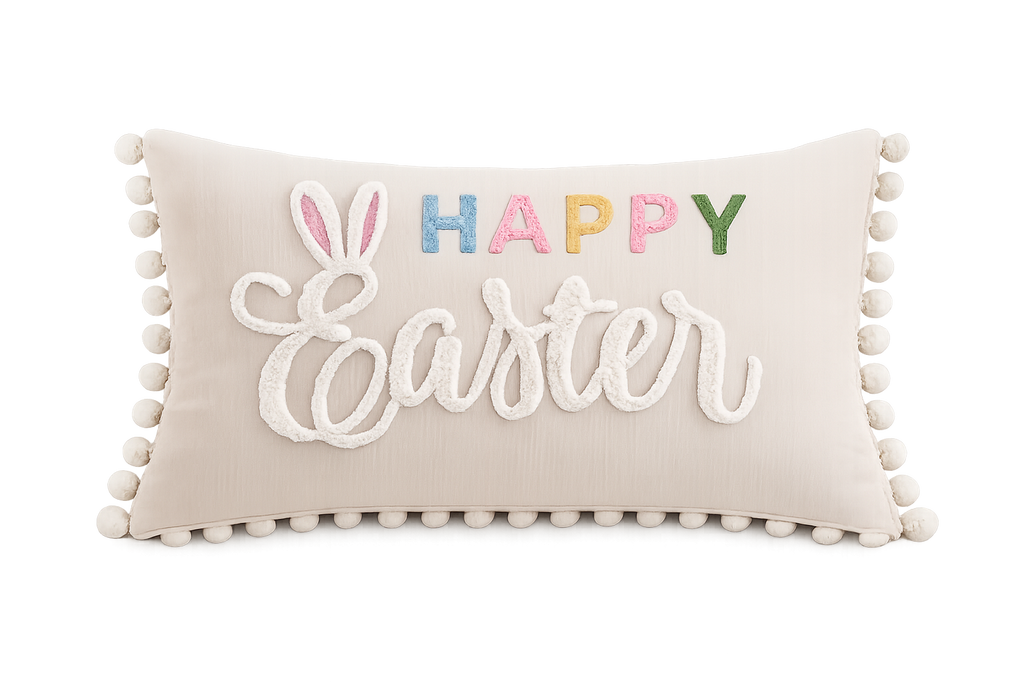 Easter Cushion Cover - Beige Chenille Happy Easter Pillow with Pom Pom Trim 30x50cm