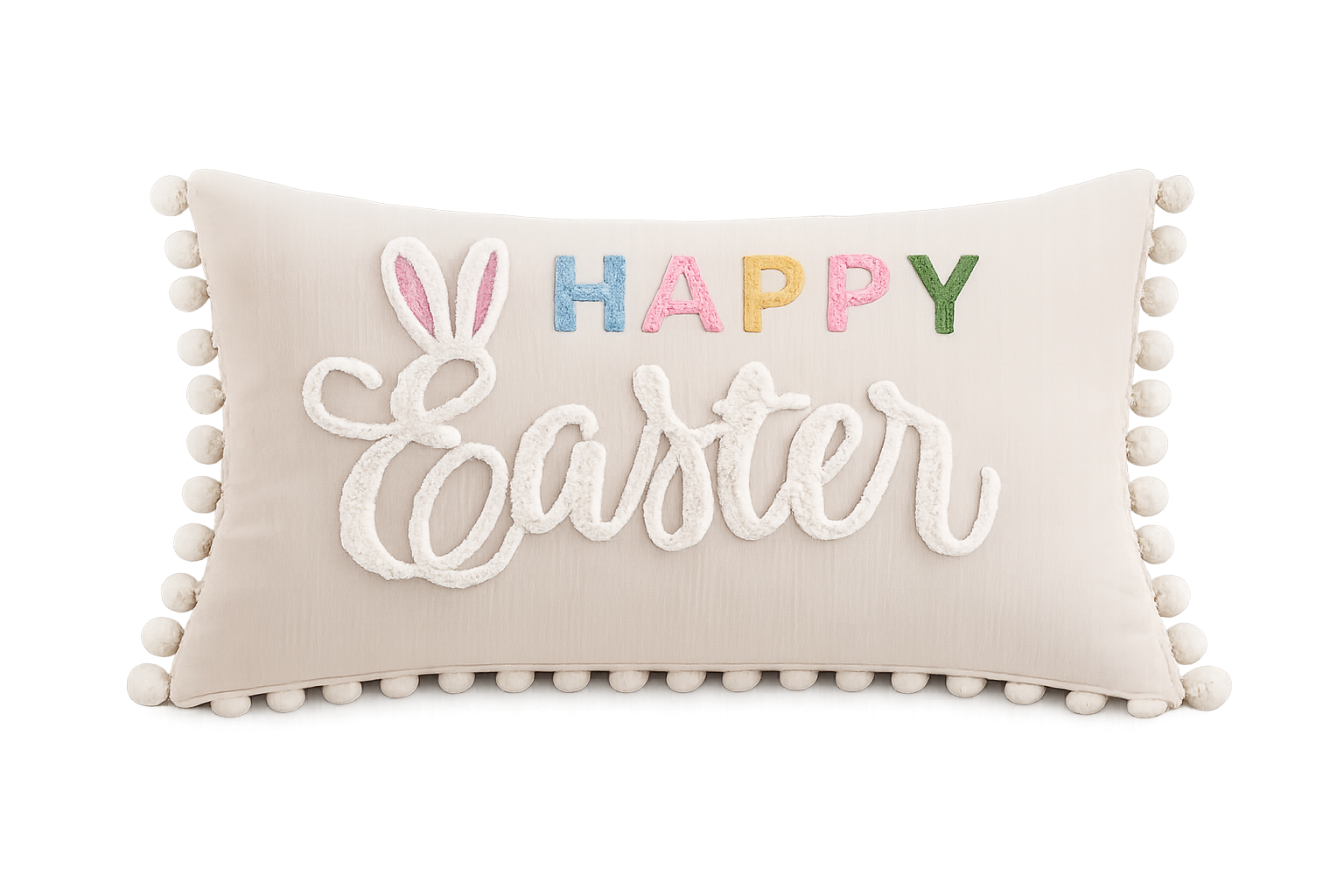 Easter Cushion Cover - Beige Chenille Happy Easter Pillow with Pom Pom Trim 30x50cm