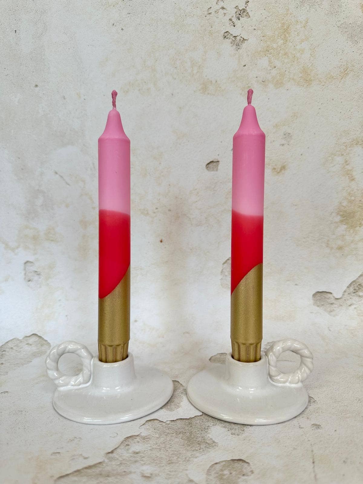 Hand Dipped Pink, Red & Gold Dinner Candles 