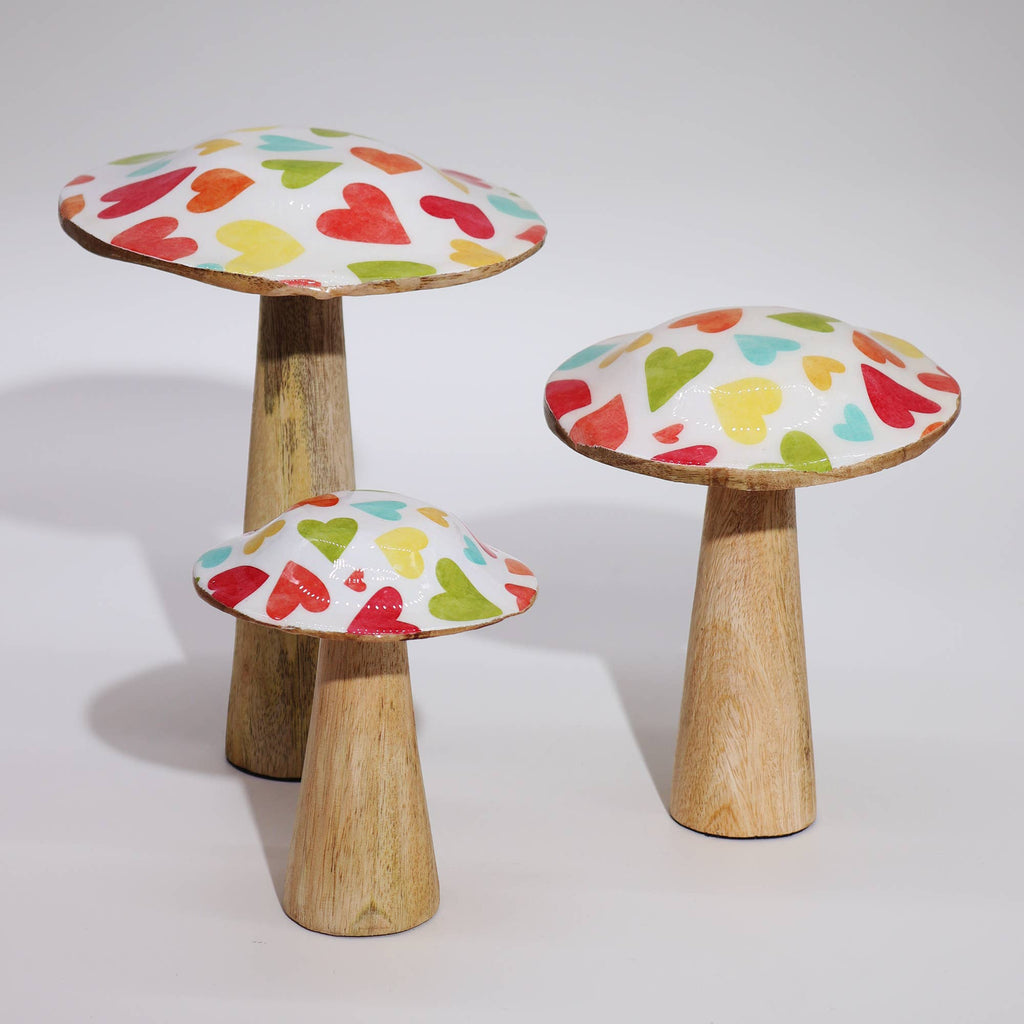 Wooden Mushroom White with Pastel Hearts - 10cm