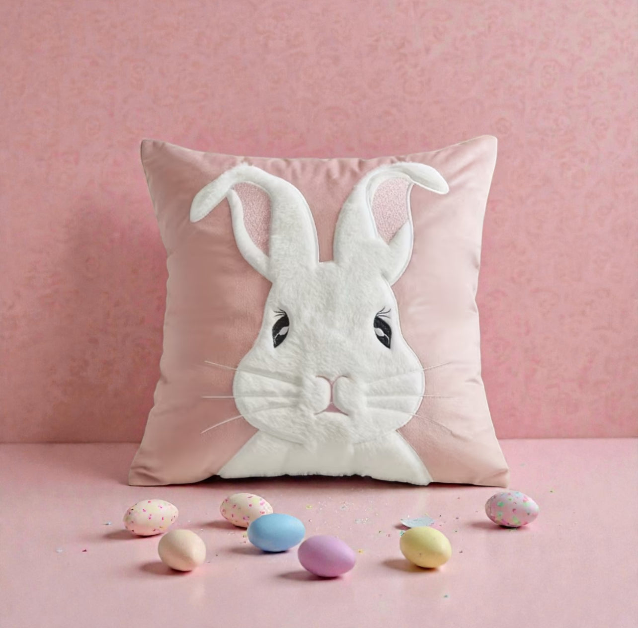 Decorative pillow with a bunny face on a pink background with Easter eggs.