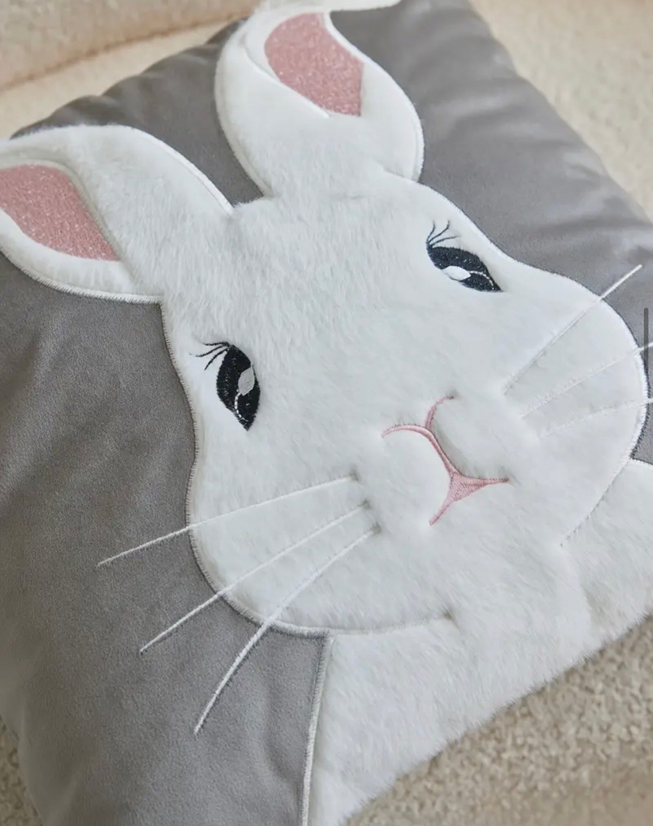 Easter Bunny Appliqué Cushion Cover – Soft Grey & White