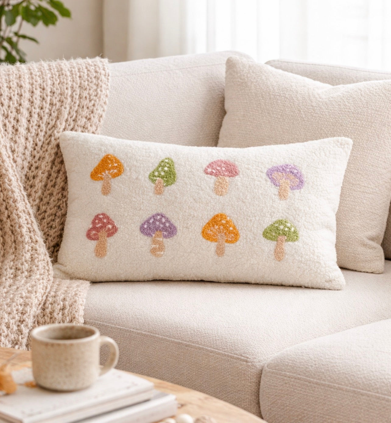 Decorative pillow with colorful mushroom pattern on a beige couch.