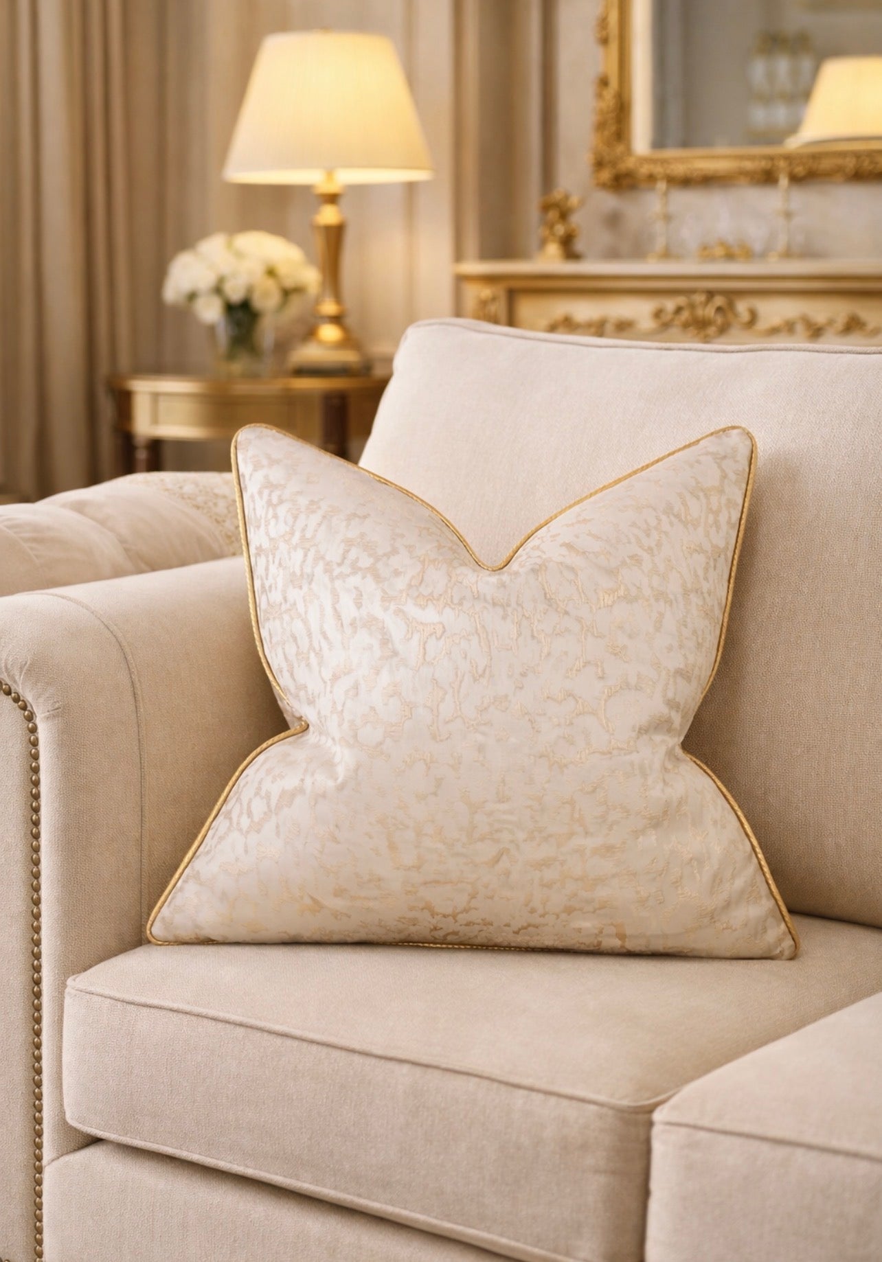Decorative pillow on a beige sofa with a lamp and mirror in the background