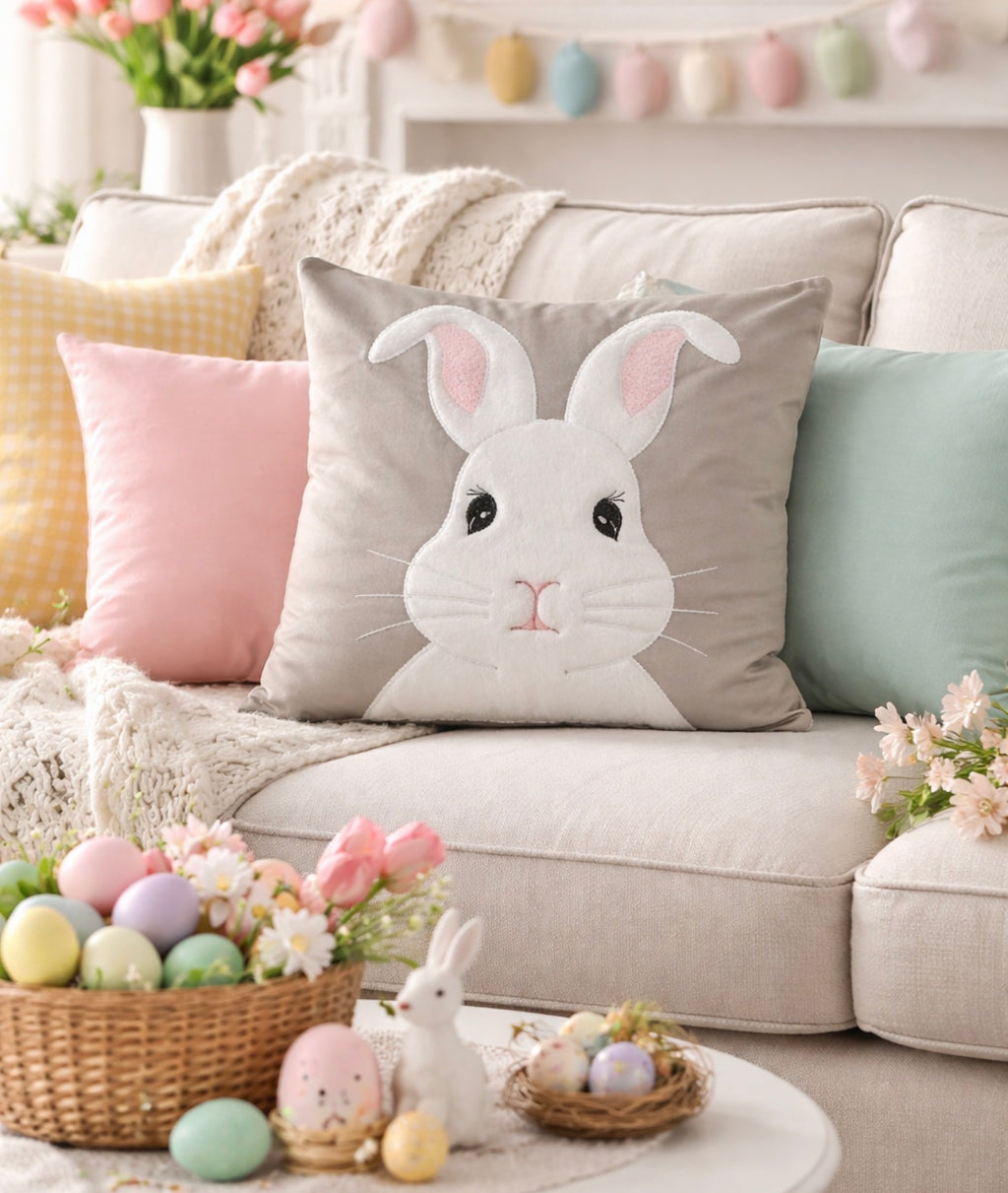 Decorative pillow with a bunny face on a couch with Easter decorations.