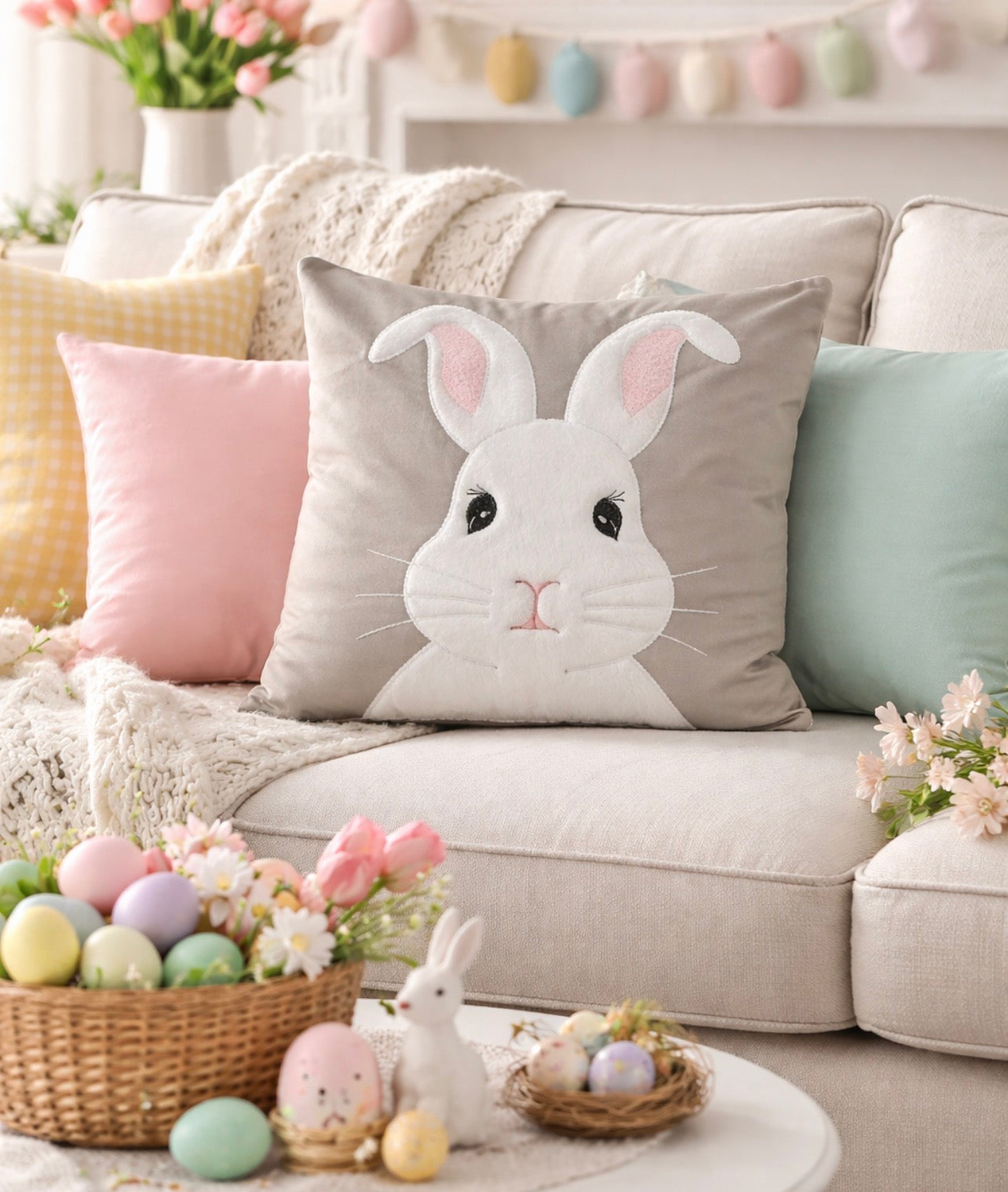 Decorative pillow with a bunny face on a couch with Easter decorations.