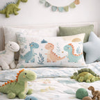 Children's bedroom with dinosaur-themed pillows and plush toys on a bed.