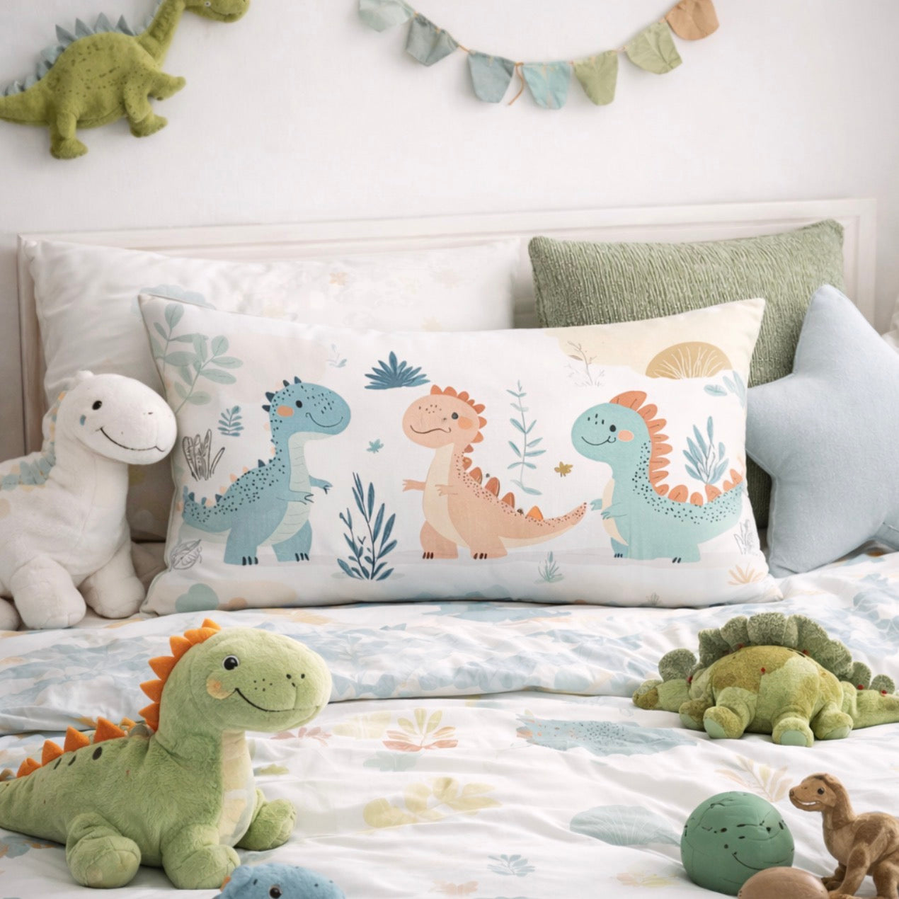 Children's bedroom with dinosaur-themed pillows and plush toys on a bed.