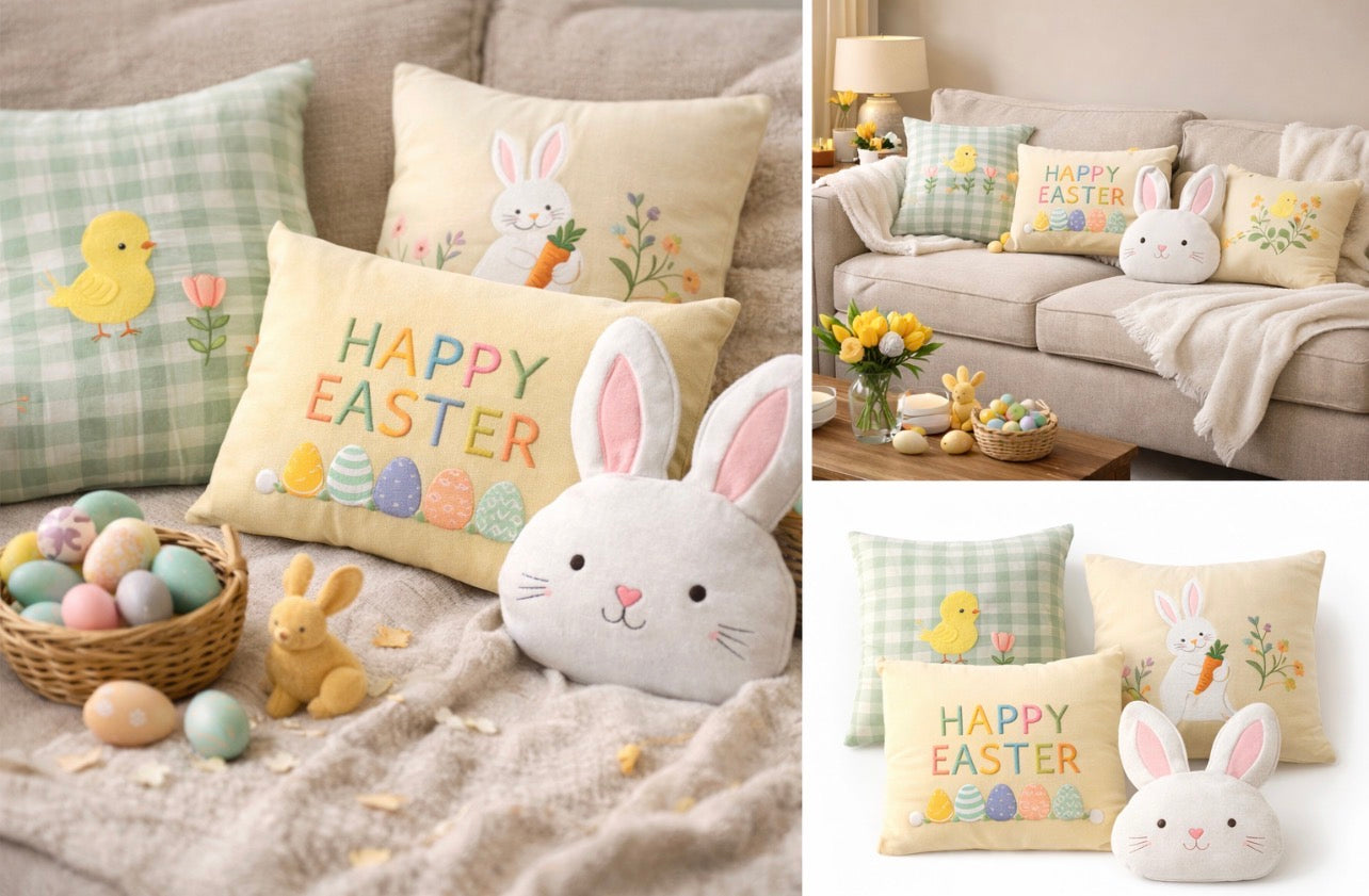 Decorative pillows with Easter designs on a couch and table.