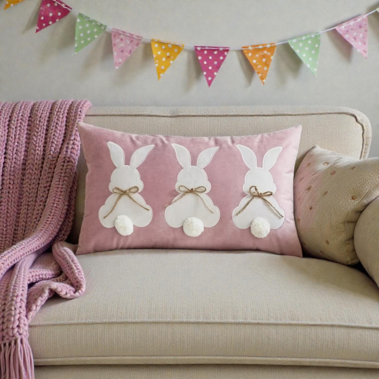 Decorative pillow with bunny design on a couch with a colorful banner above.