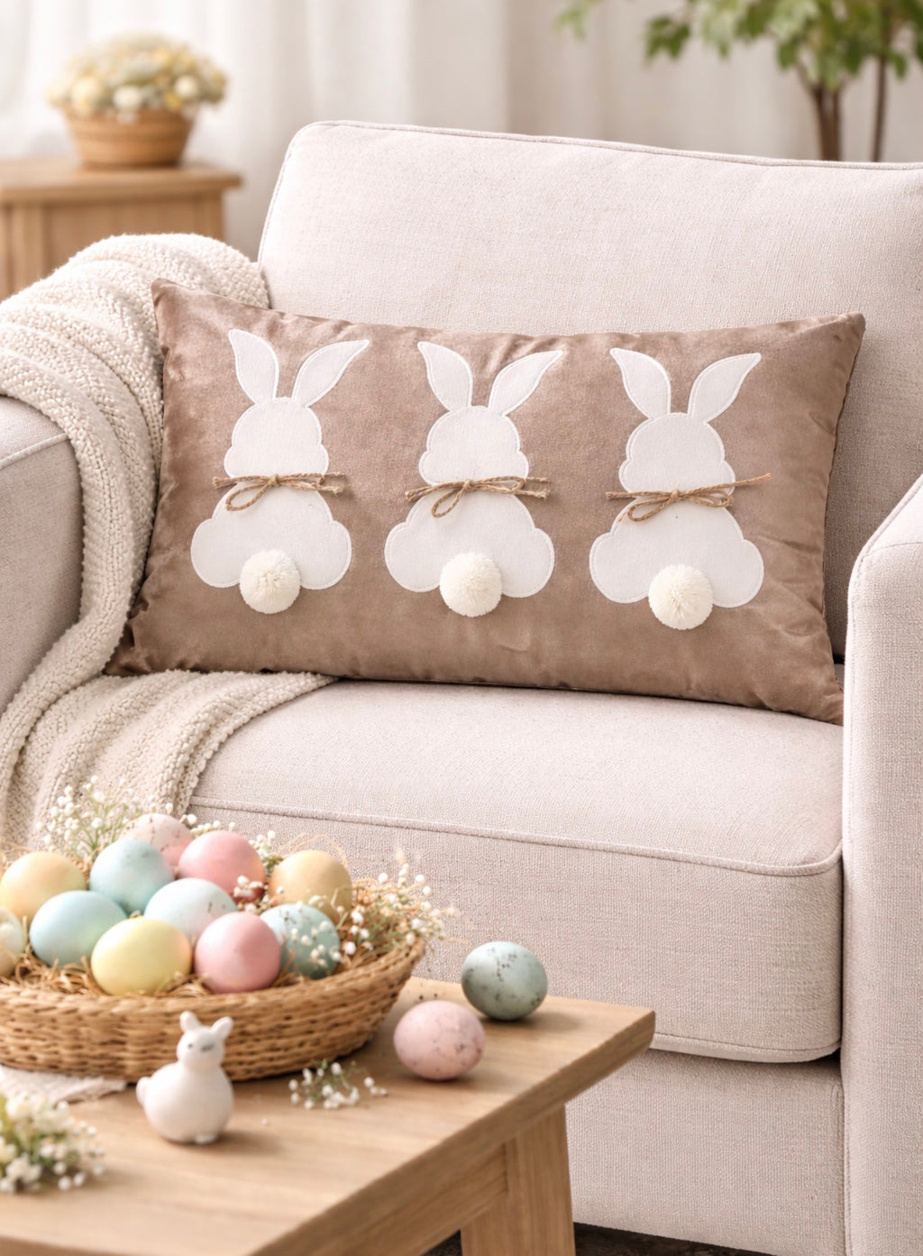 Decorative pillow with bunny designs on a couch, surrounded by Easter eggs and decor.