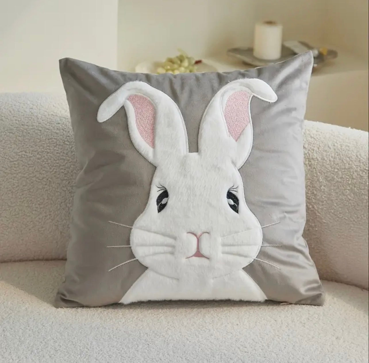 Easter Bunny Appliqué Cushion Cover – Soft Grey & White
