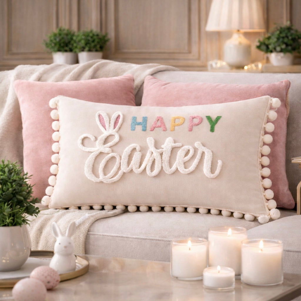 Decorative pillow with 'Happy Easter' text on a couch with candles and plants in the background.