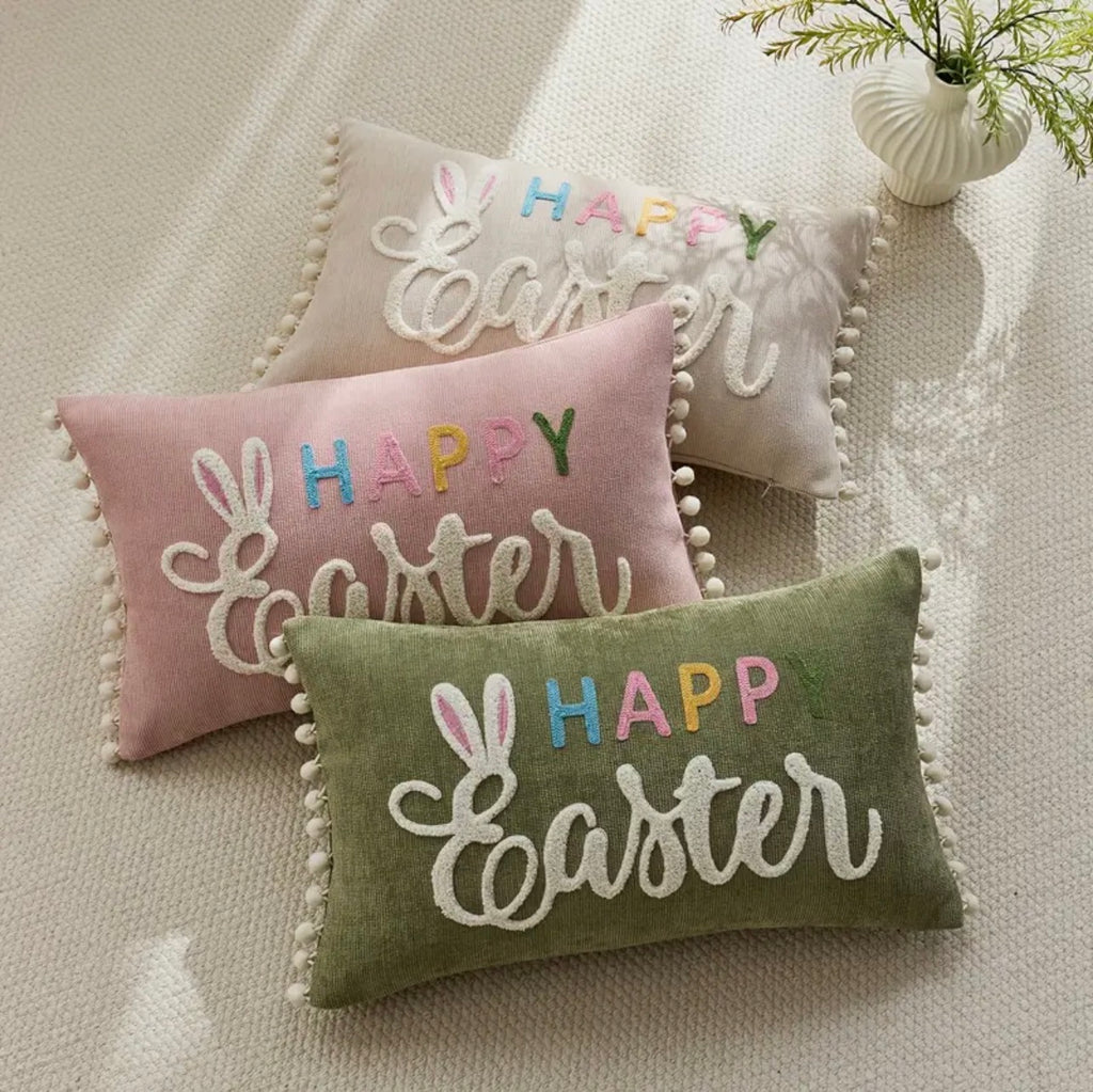 Easter Happy Bunny cushions on a  sofa spring home decor 