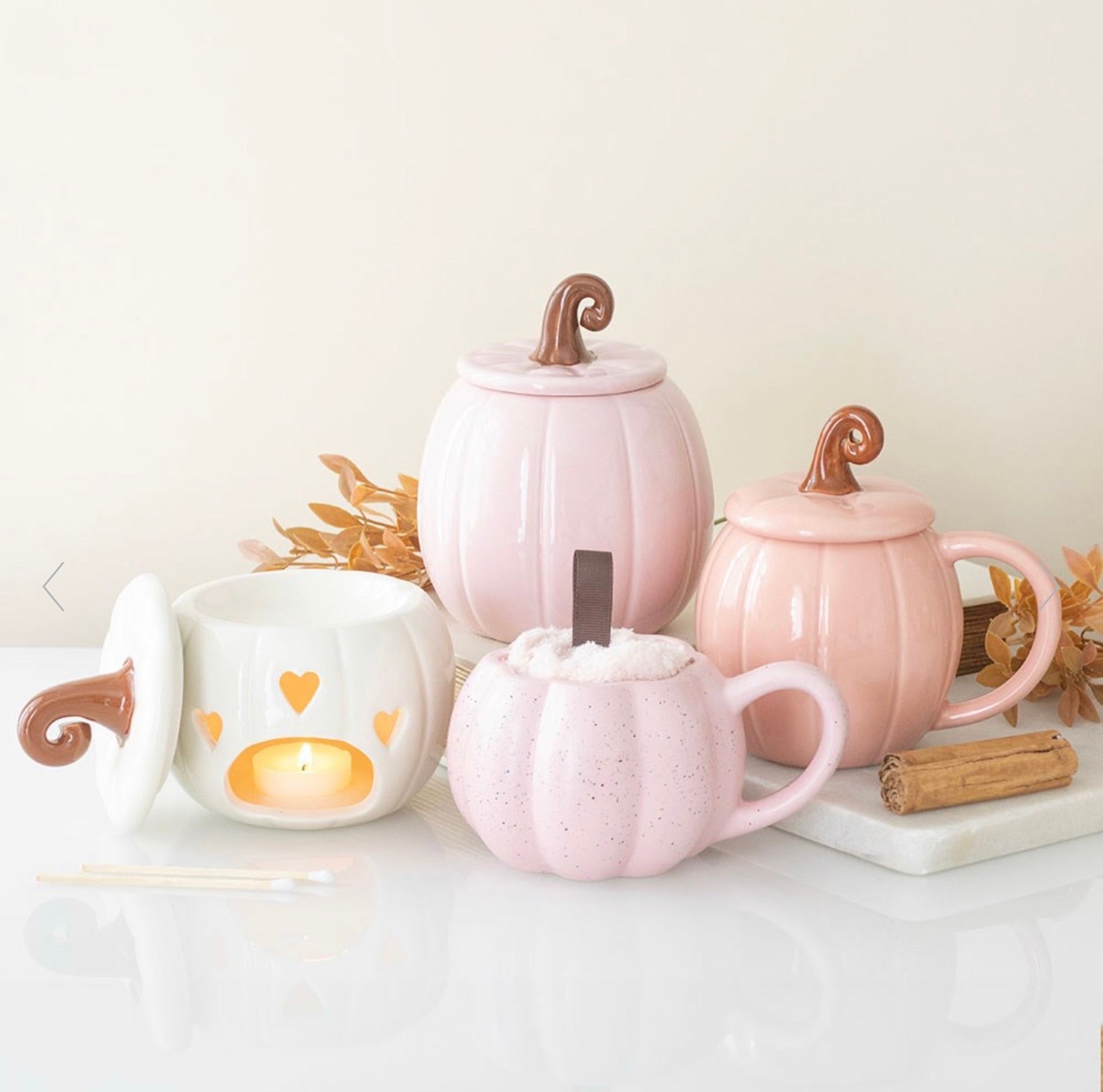 Pretty Pink Curly Pumpkin Ceramic Lidded Mug