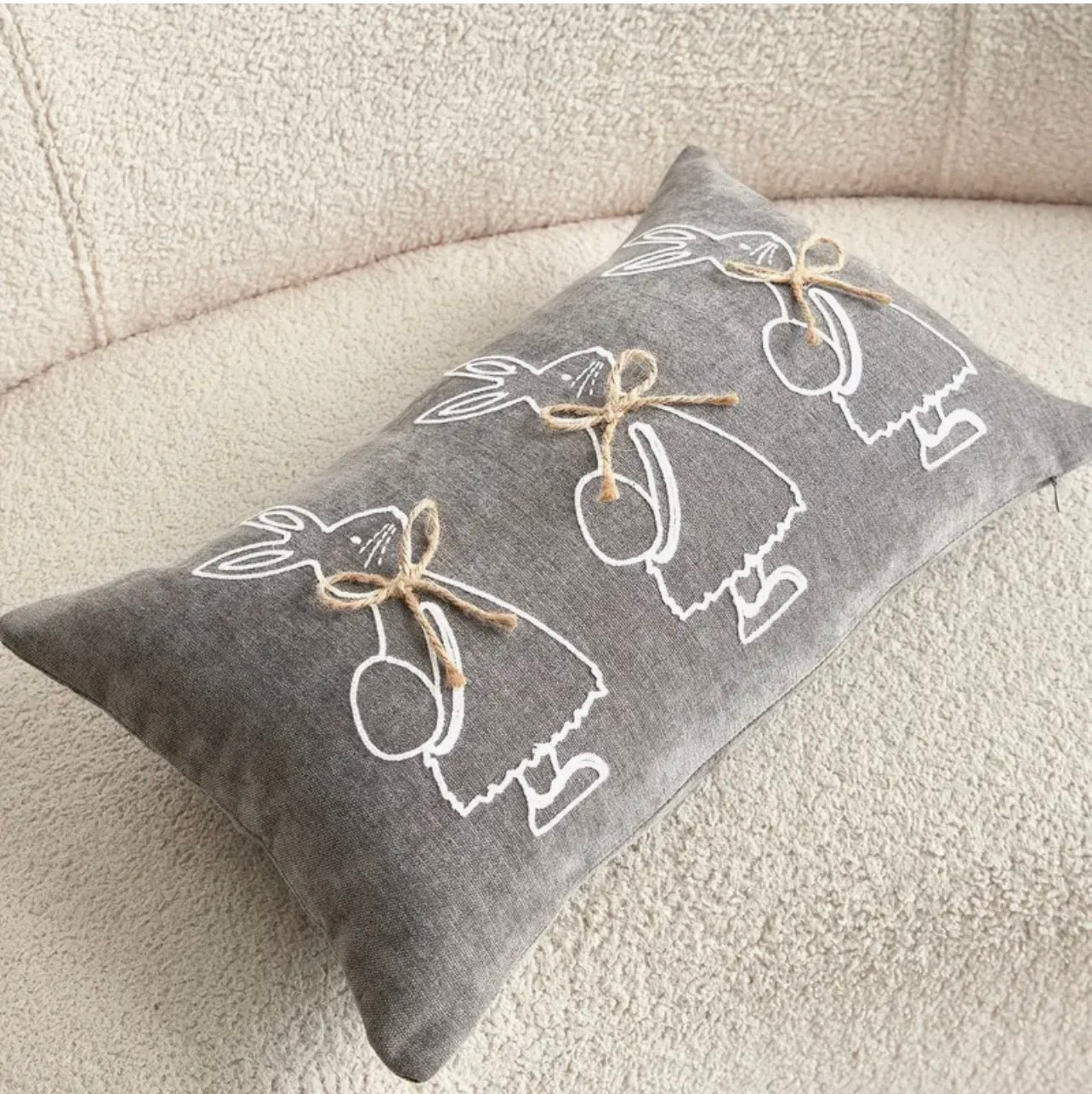 Bunny Rabbits Nursery Cushion Cover - Grey Embroidered Pillow with Jute Ribbon 30x50cm