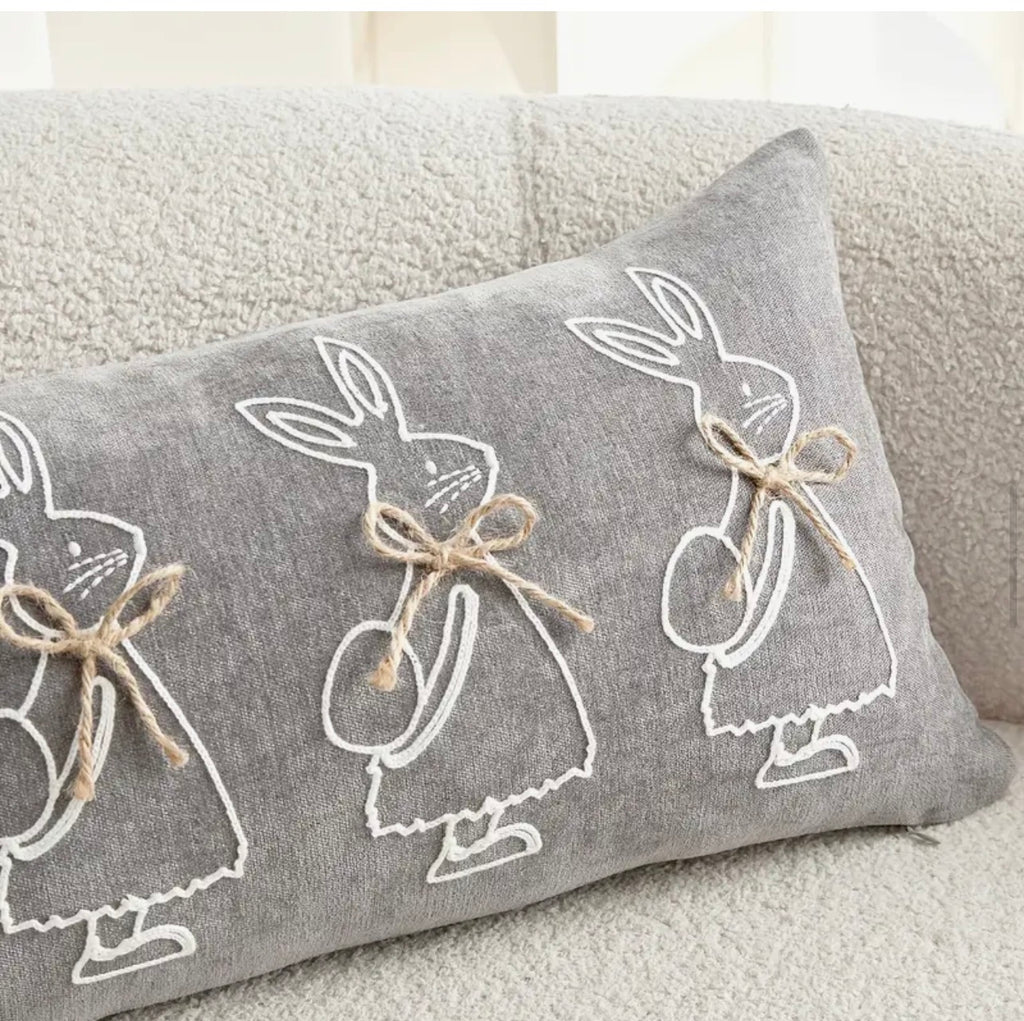 Bunny Rabbits Nursery Cushion Cover - Grey Embroidered Pillow with Jute Ribbon 30x50cm
