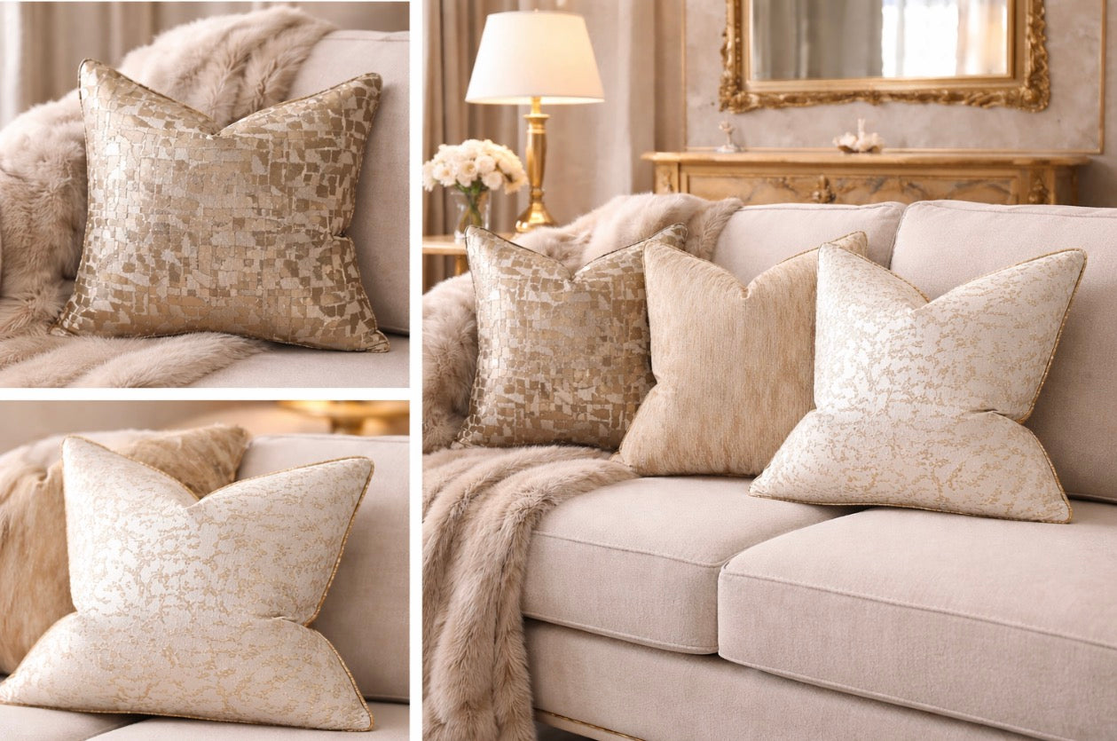 Collage of beige pillows on a sofa with decorative elements in a room.