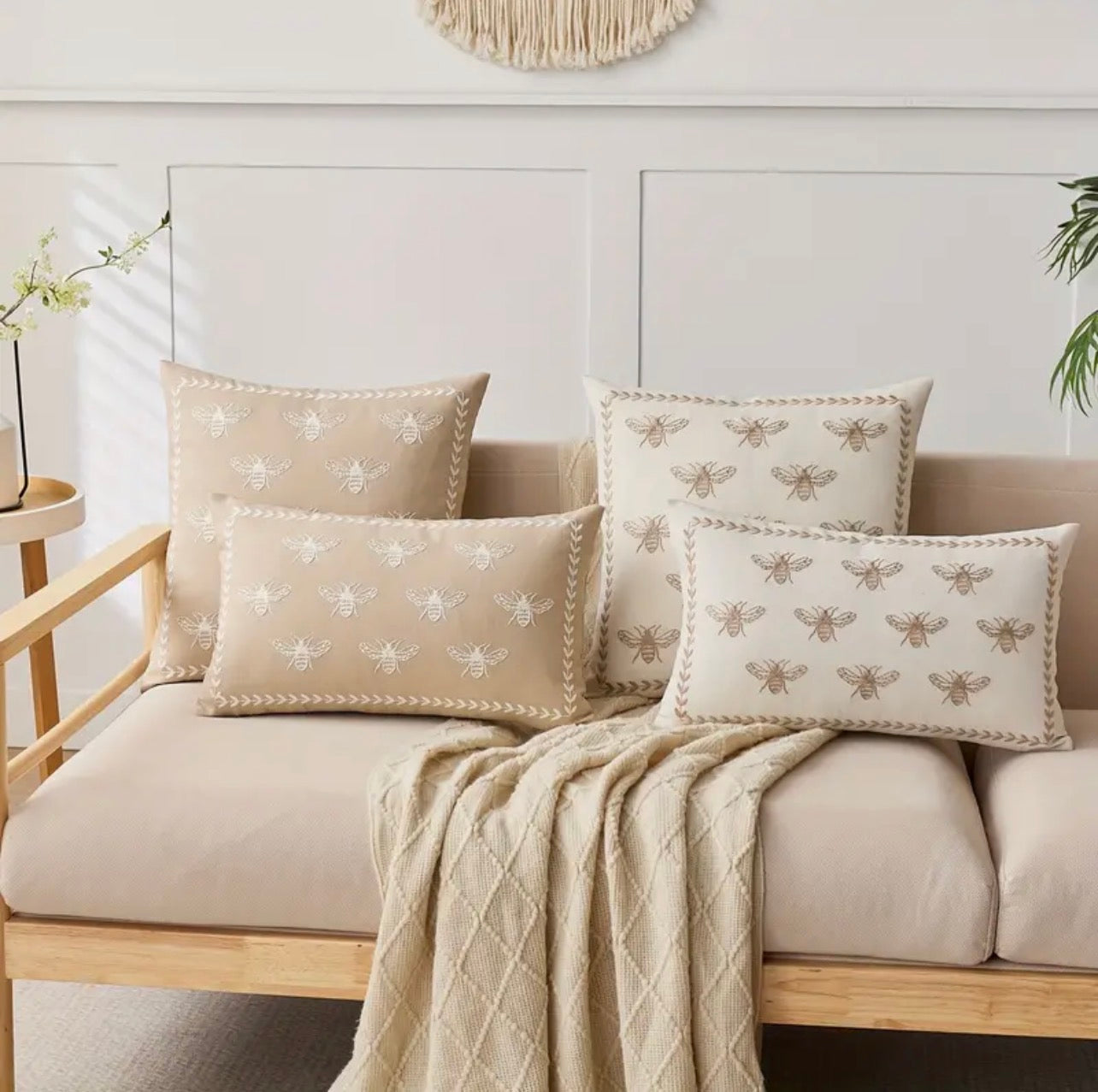 Bee Cushion Cover Neutral Embroidered Heritage Style 30x50cm