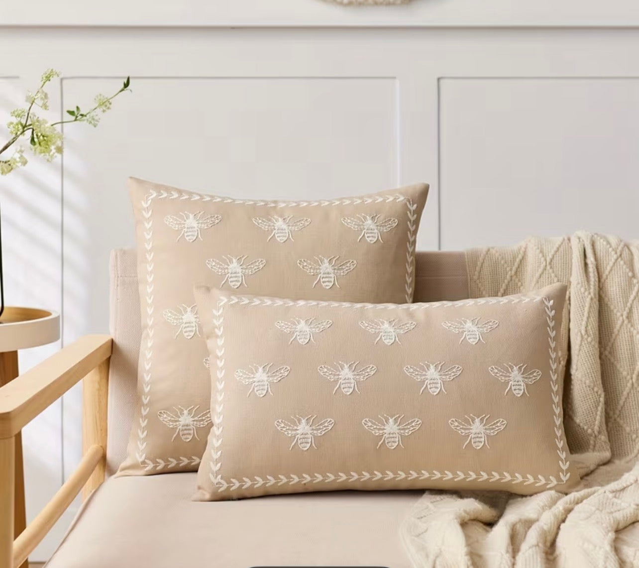 Bee Cushion Cover Neutral Embroidered Heritage Style 30x50cm