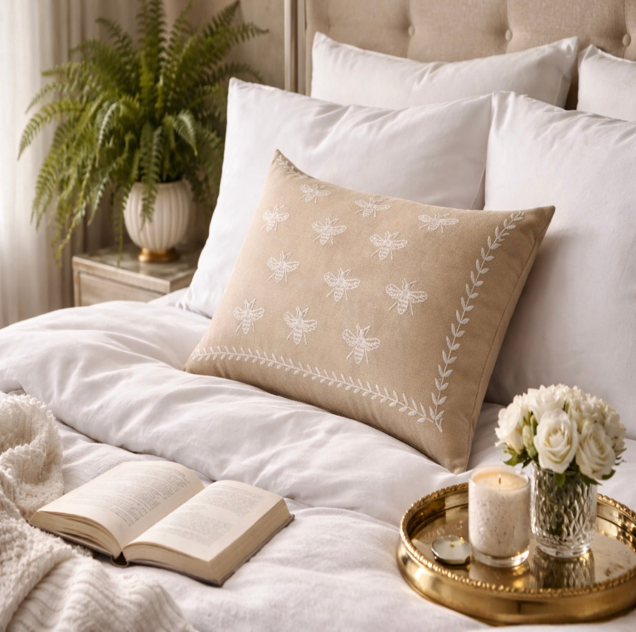 Bee Cushion Cover Neutral Embroidered Heritage Style 30x50cm