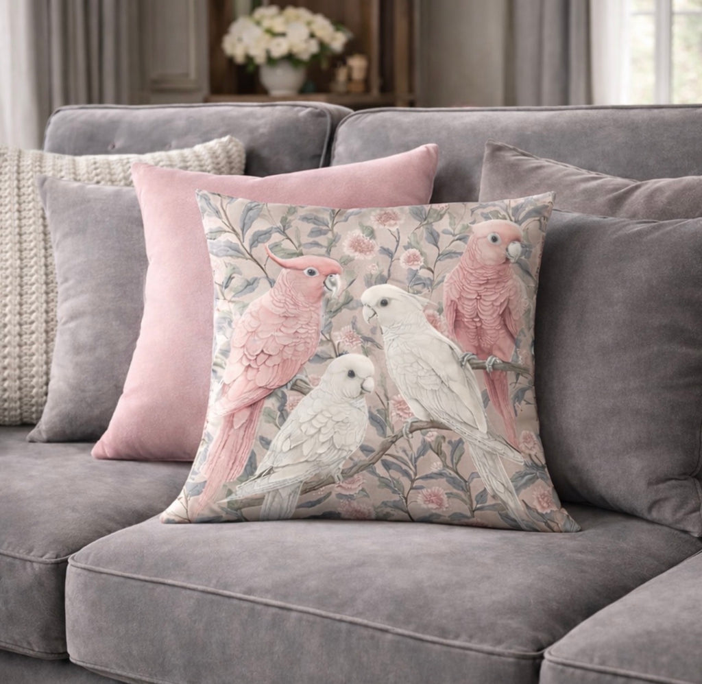 Cockatoo Bird Cushions & Cushion Covers – l Pink & Ivory Parrot Design