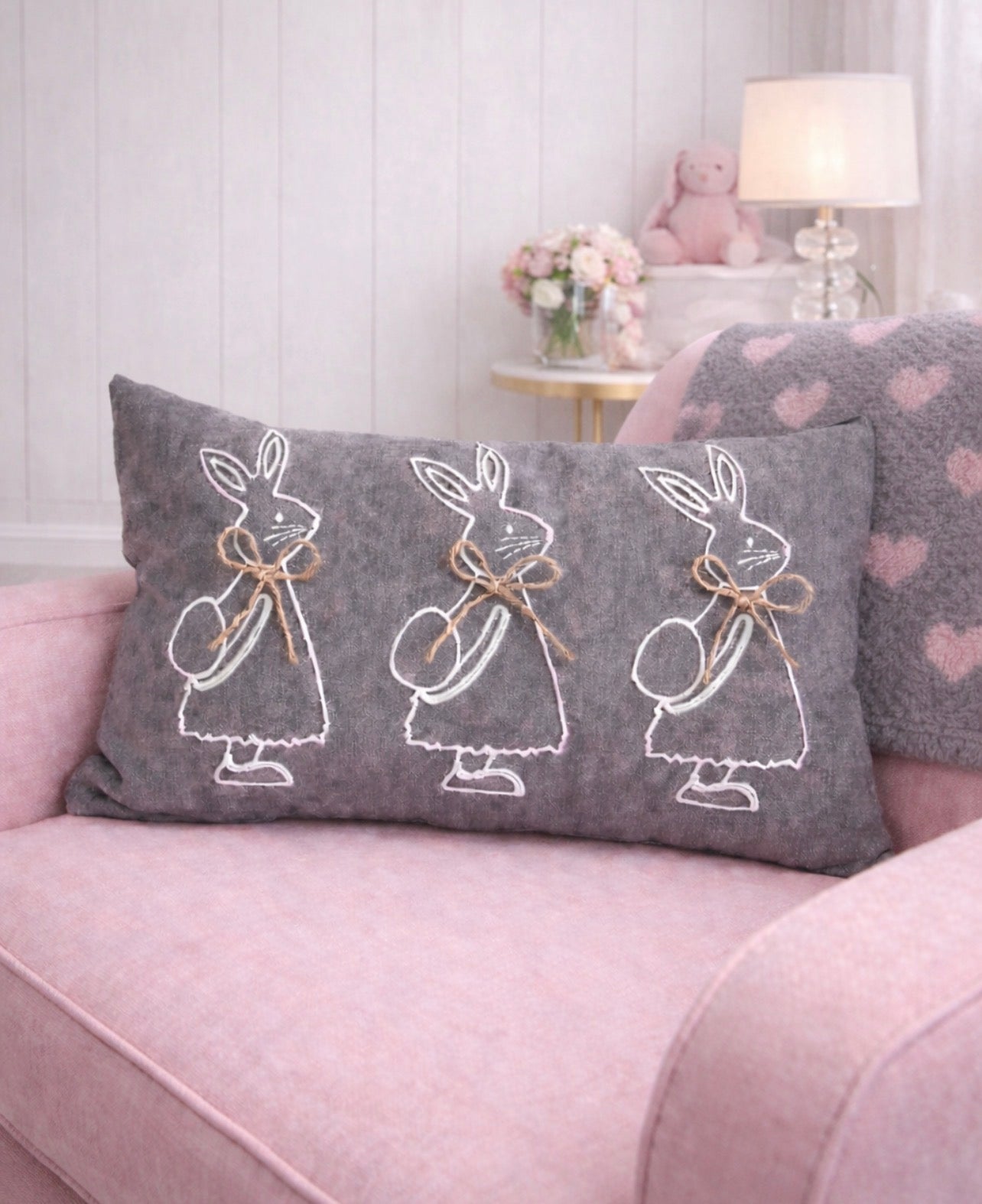 Bunny Rabbits Nursery Cushion Cover - Grey Embroidered Pillow with Jute Ribbon 30x50cm