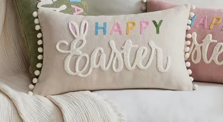 Easter Cushion Cover - Beige Chenille Happy Easter Pillow with Pom Pom Trim 30x50cm