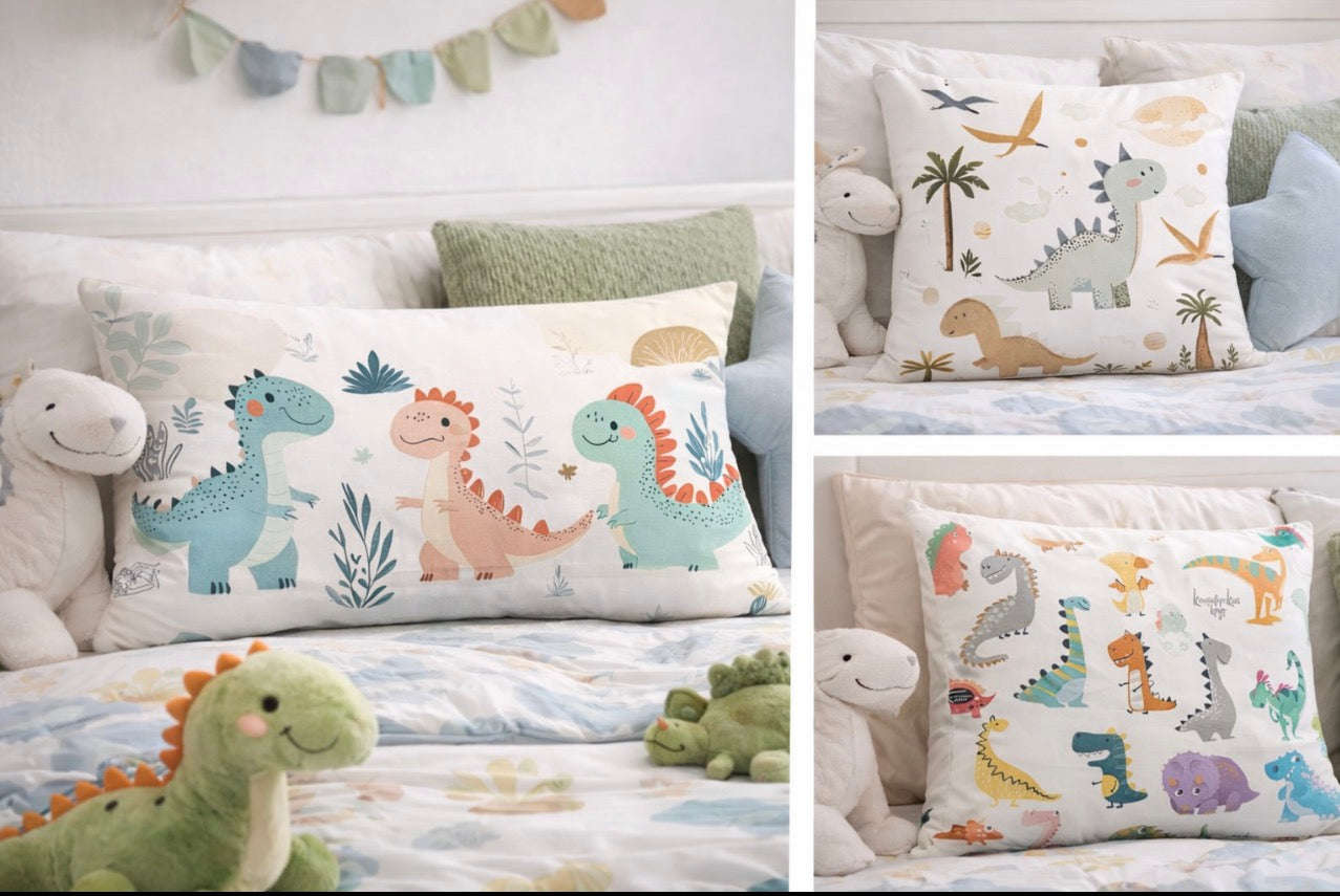 Collage of dinosaur-themed pillows and plush toys on a bed.