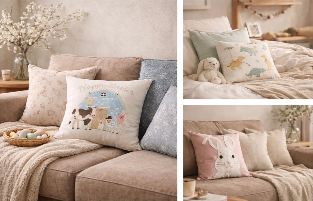 Collage of decorative pillows with animal patterns on a sofa and bed.