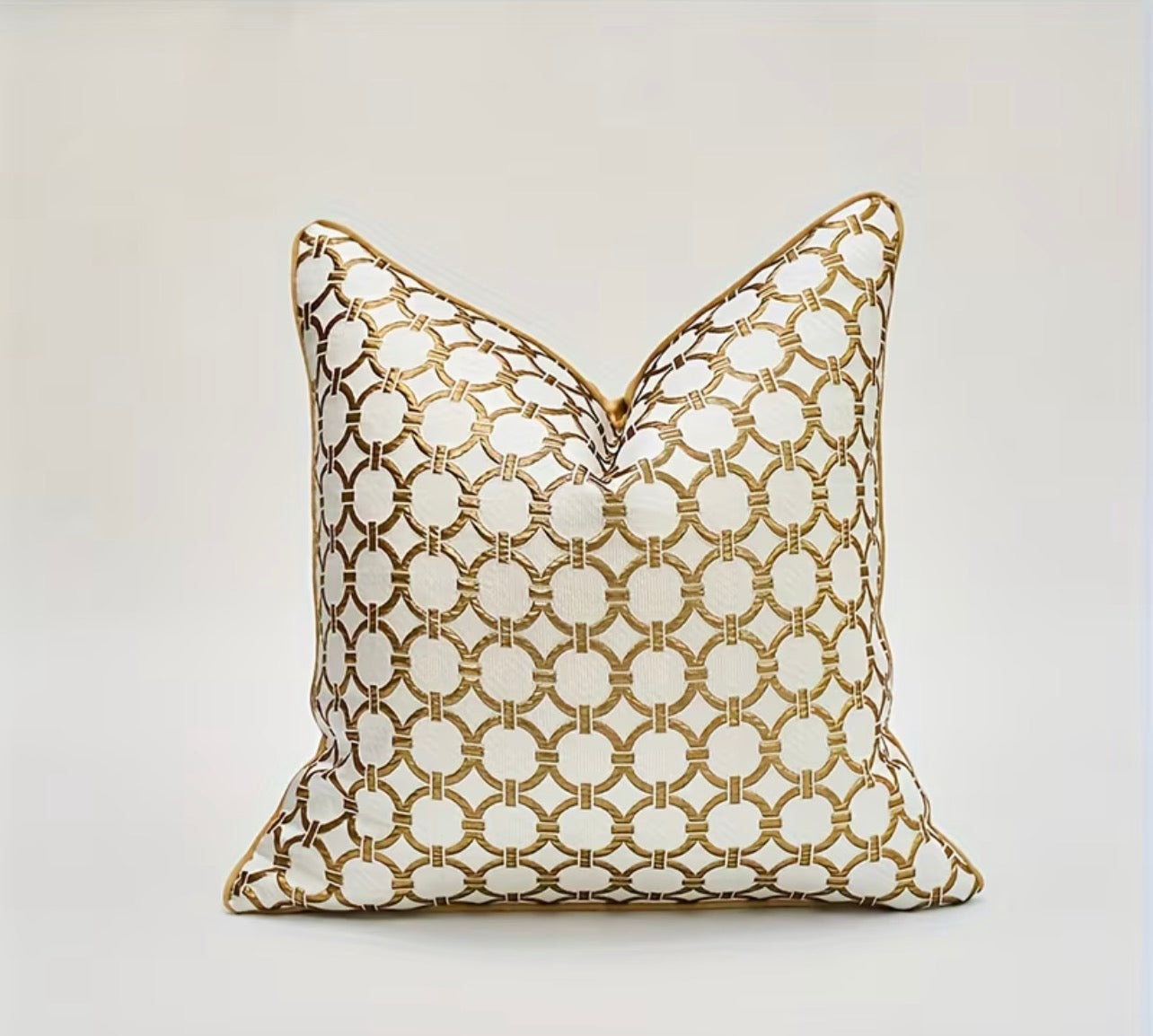 Geometric Embroidered Cushion Cover – Luxury Decorative Cushion – Cream & Gold 45x45cm