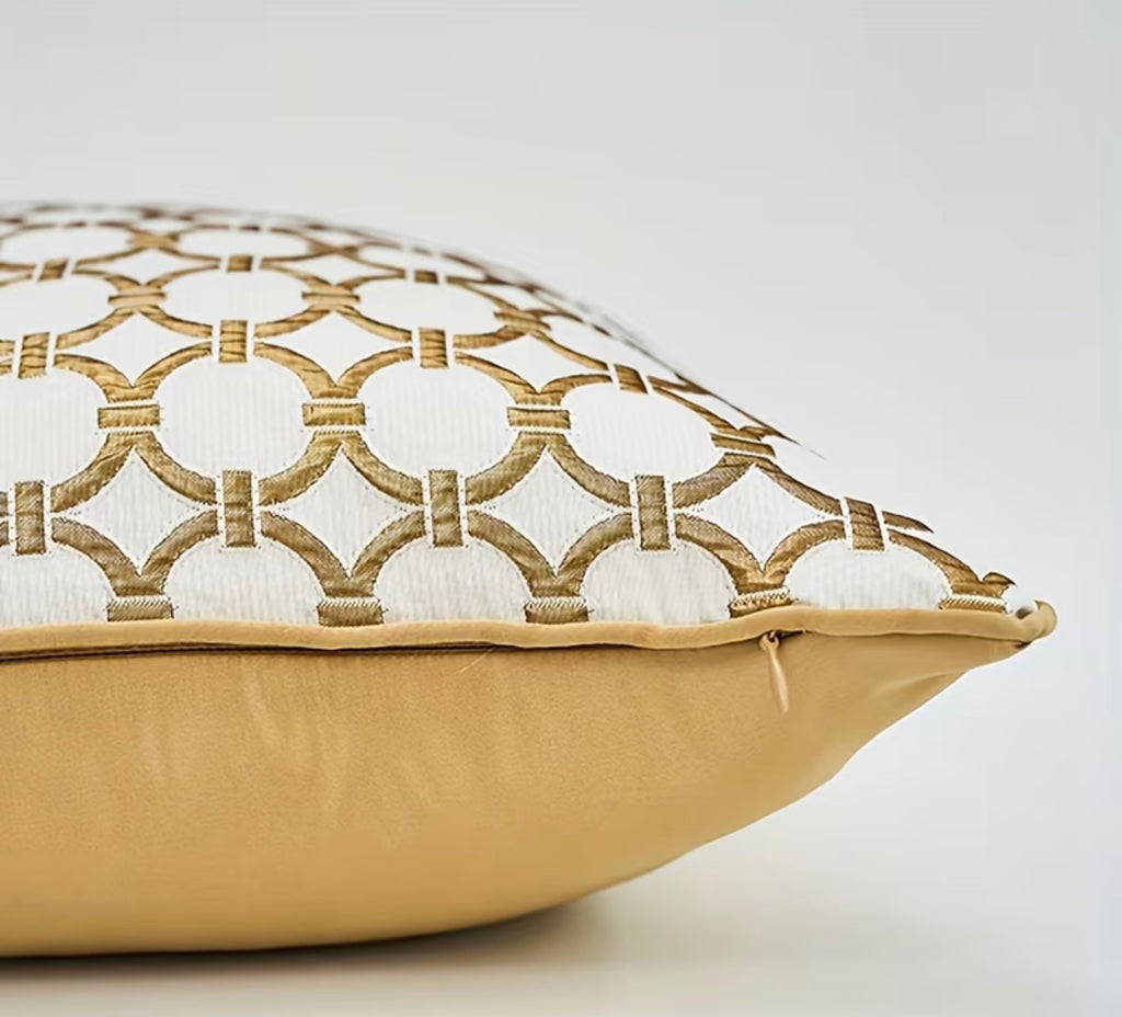 Geometric Embroidered Cushion Cover – Luxury Cream & Gold 45x45cm