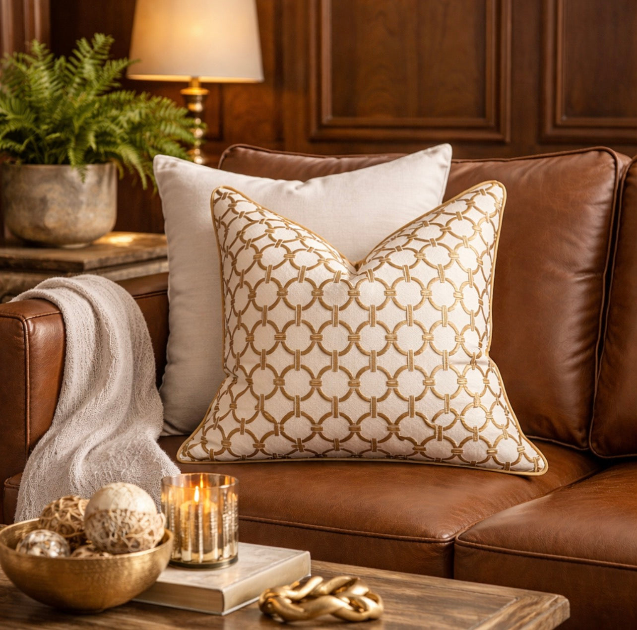 Decorative pillows on a brown leather sofa with a lamp and plant in the background.