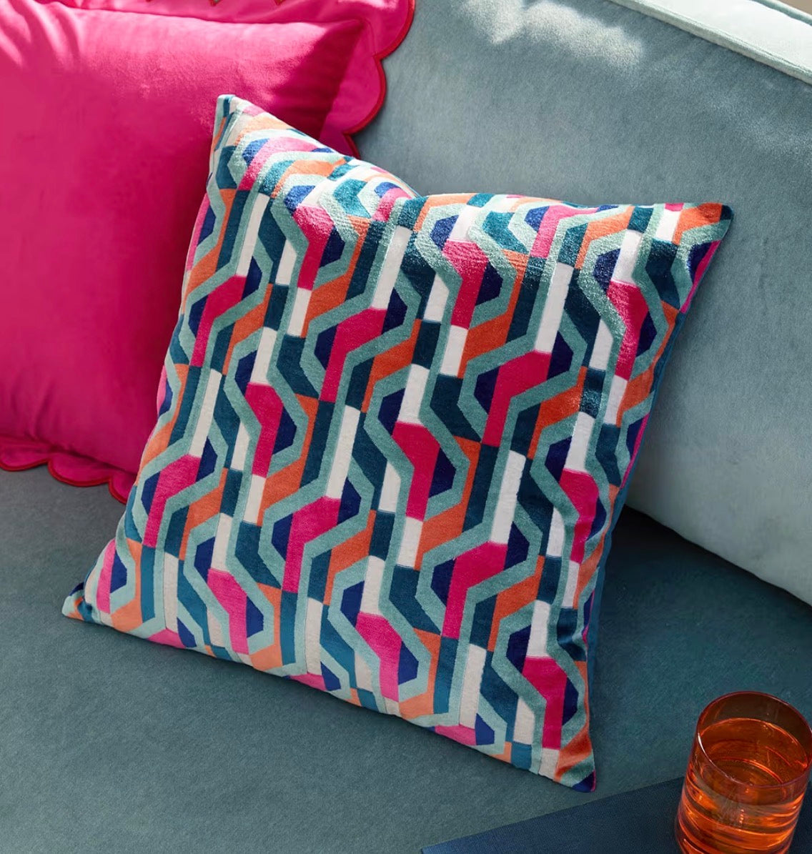 Geometric Velvet Cushion Cover | Pink & Teal Prism Pattern 45x45cm