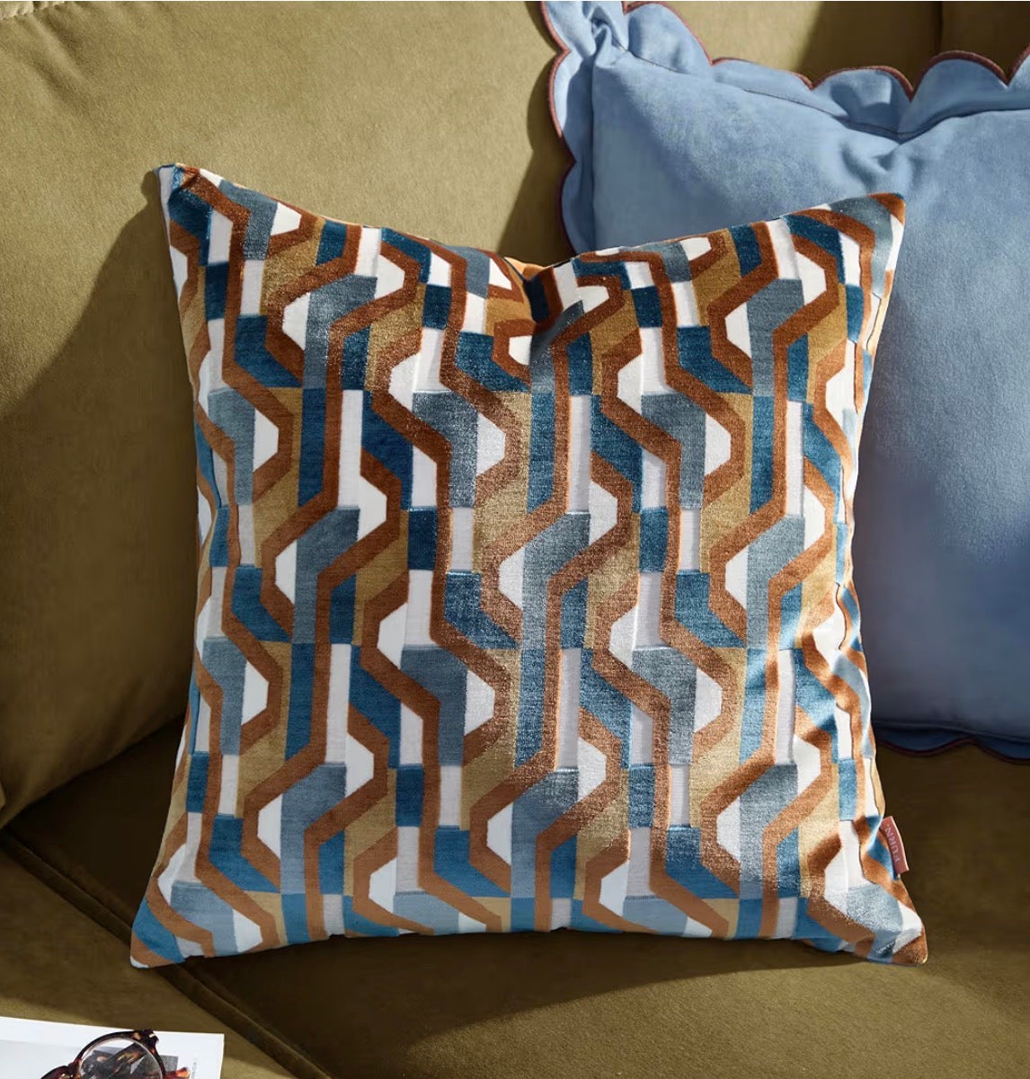 Geometric Velvet Cushion Cover | Ginger & Green Prism Pattern 45x45cm