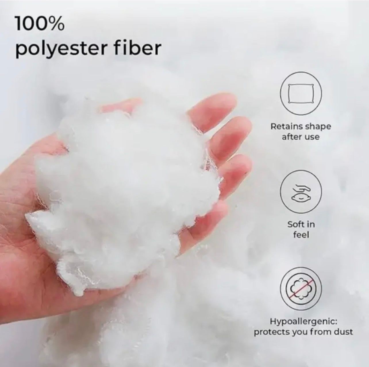 Hand holding white polyester fiber with features listed on a light gray background