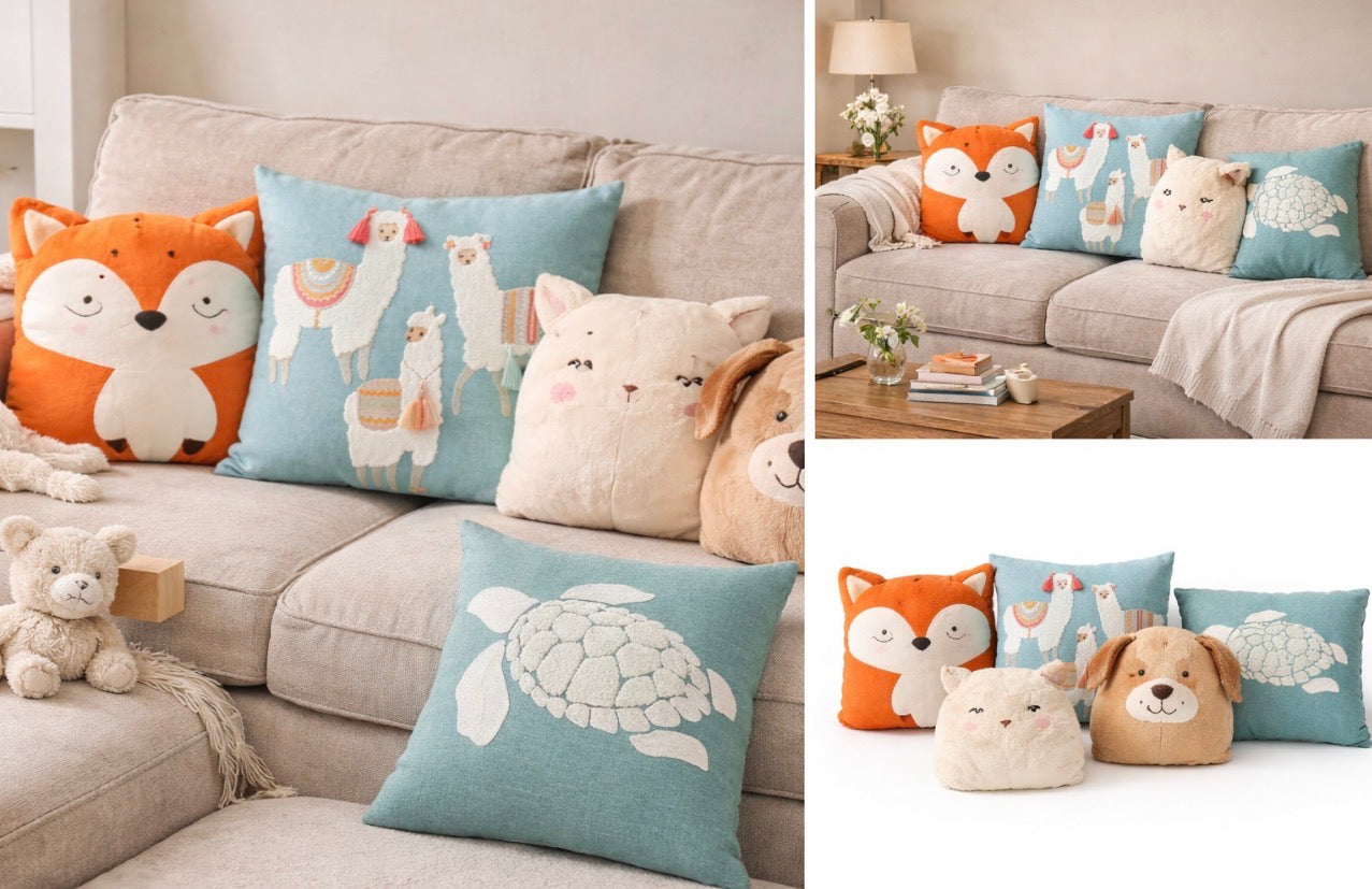 Collage of decorative pillows with animal designs on a sofa.