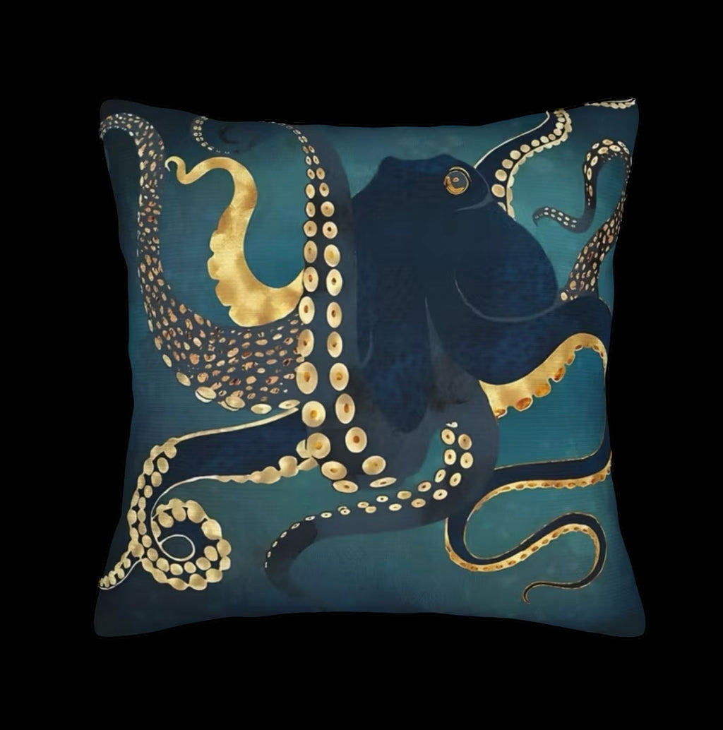 Decorative pillow with an octopus design on a blue background