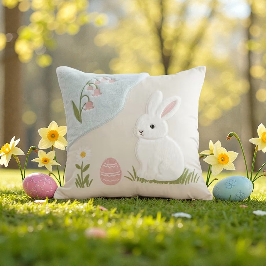 Easter Bunny Cushion Cover - Embroidered Plush Easter Cushion 45x45cm