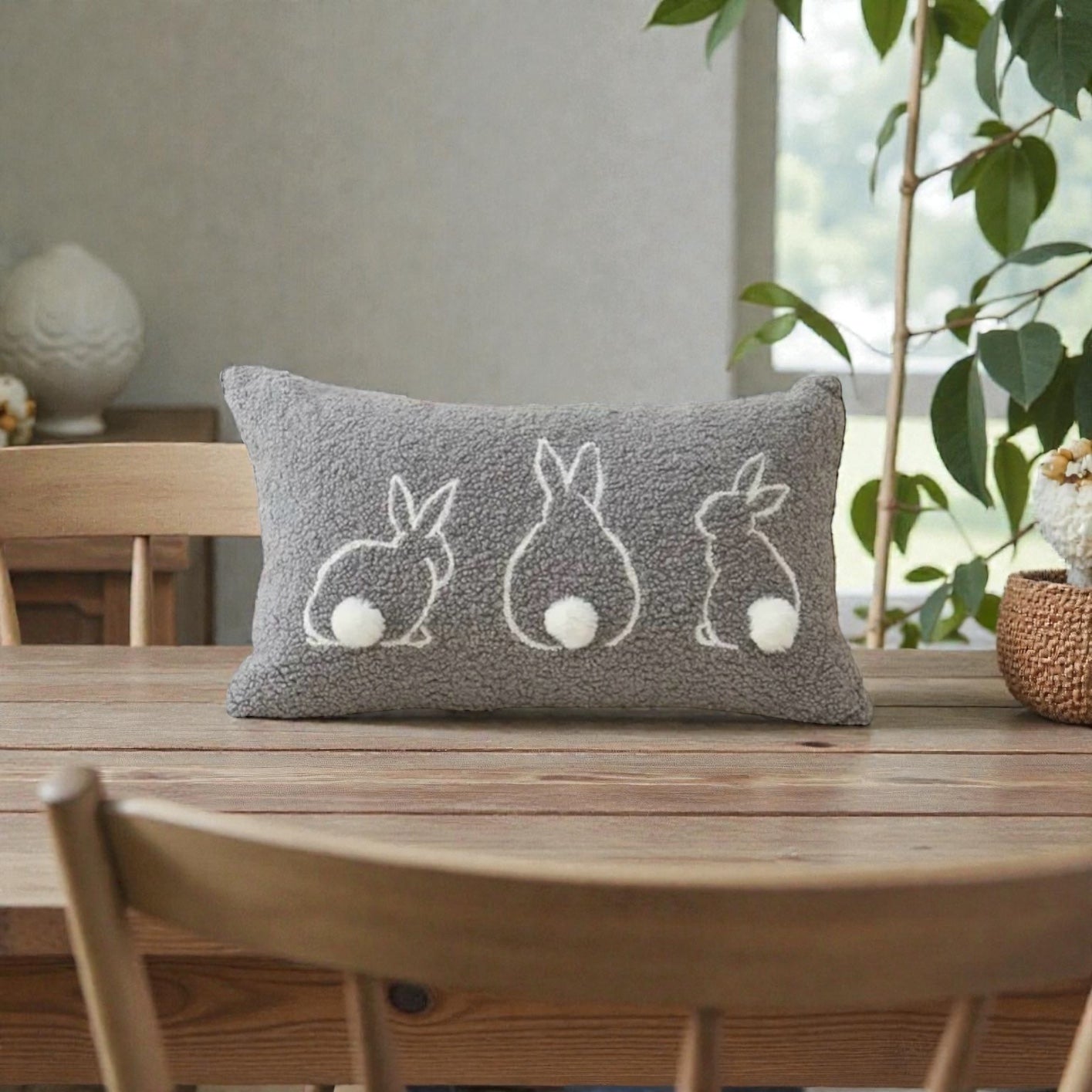 Easter Bunny Cushion Cover - Grey Teddy Boucle Pillow with Pom Pom Tails 30x50cm
