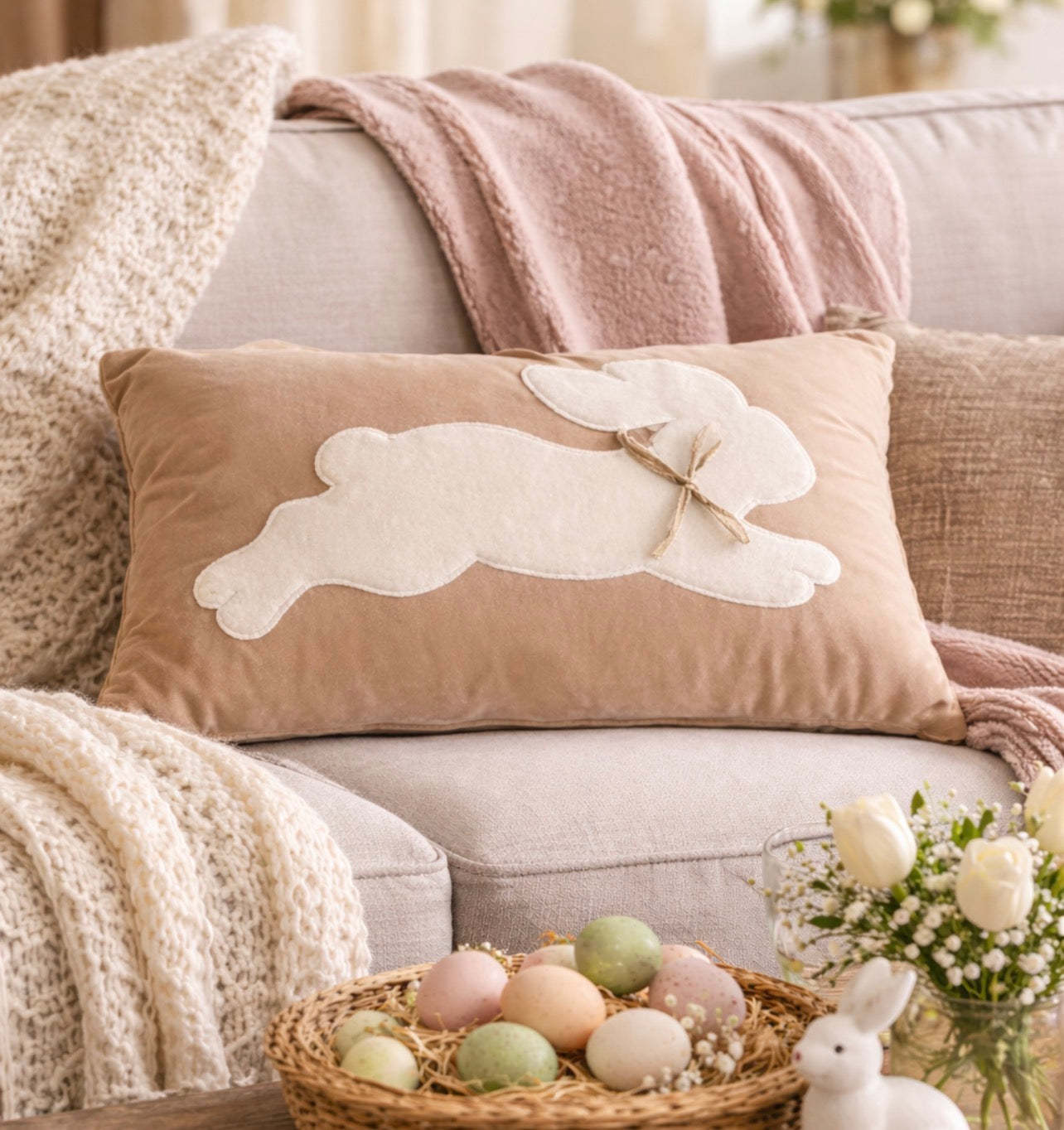 Decorative pillow with a bunny design on a couch, surrounded by Easter eggs and decor.