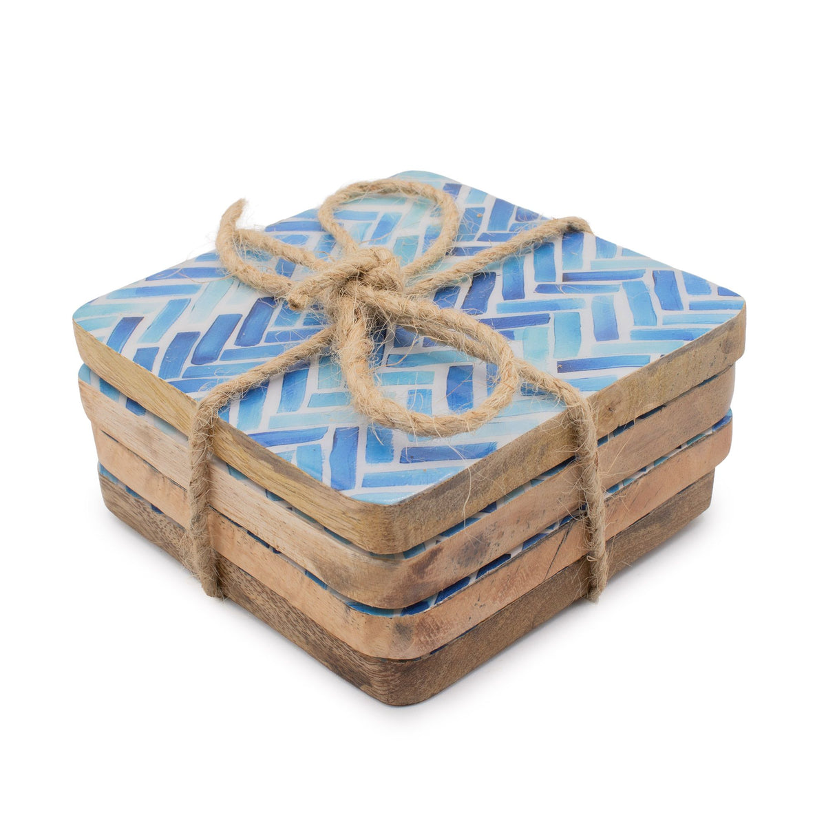 Set of 4 Wooden Square Coasters  Blue Stripes