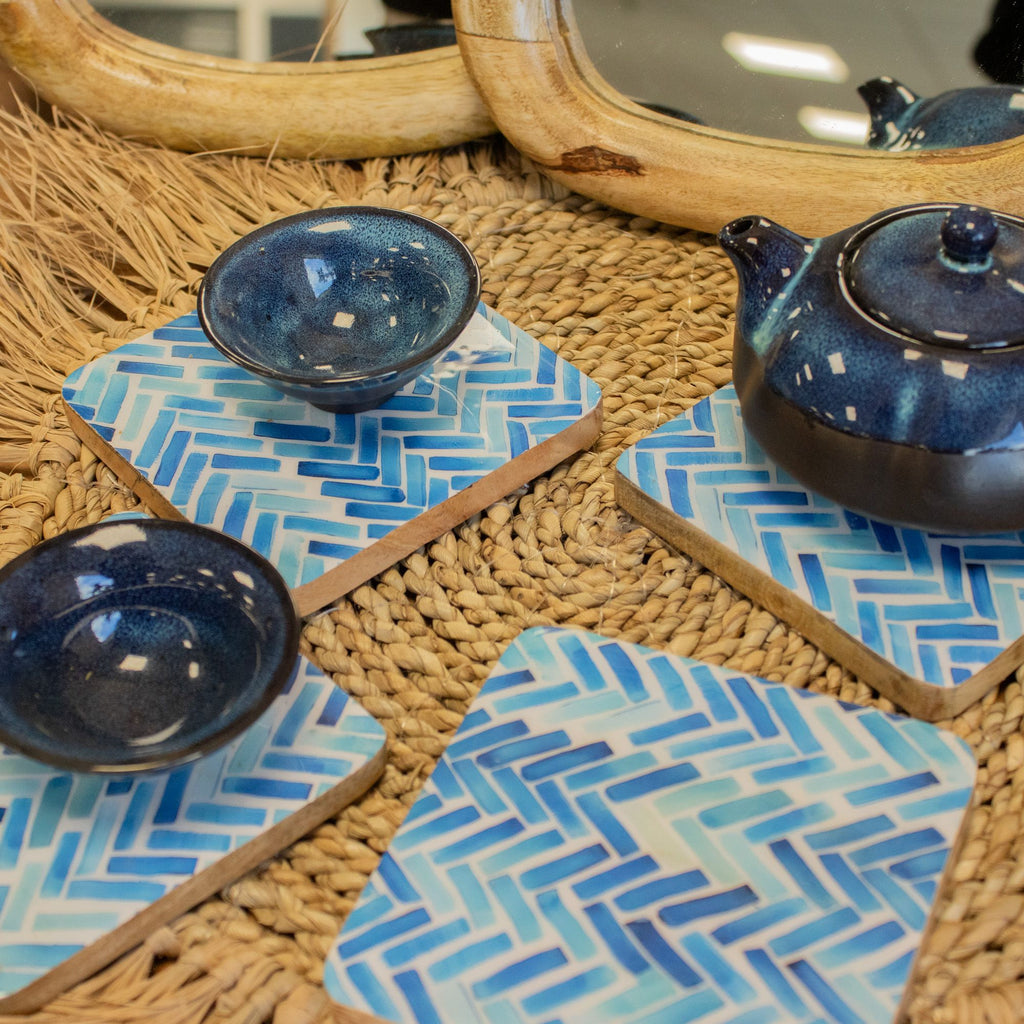 Set of 4 Wooden Square Coasters  Blue Stripes