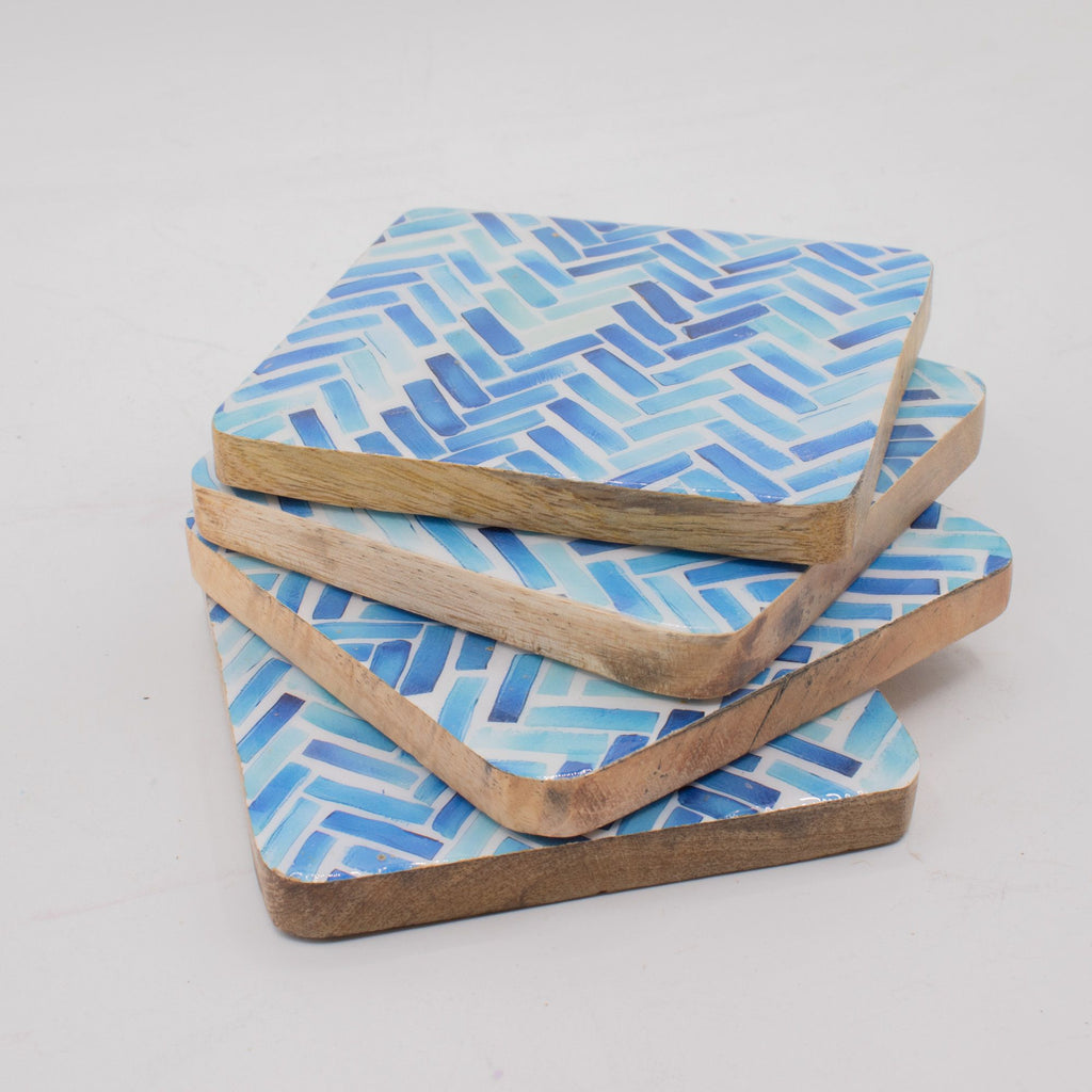 Set of 4 Wooden Square Coasters  Blue Stripes